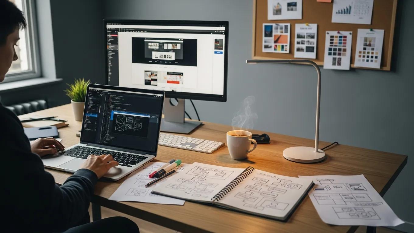 Professional web developer creating a custom website design in a modern workspace