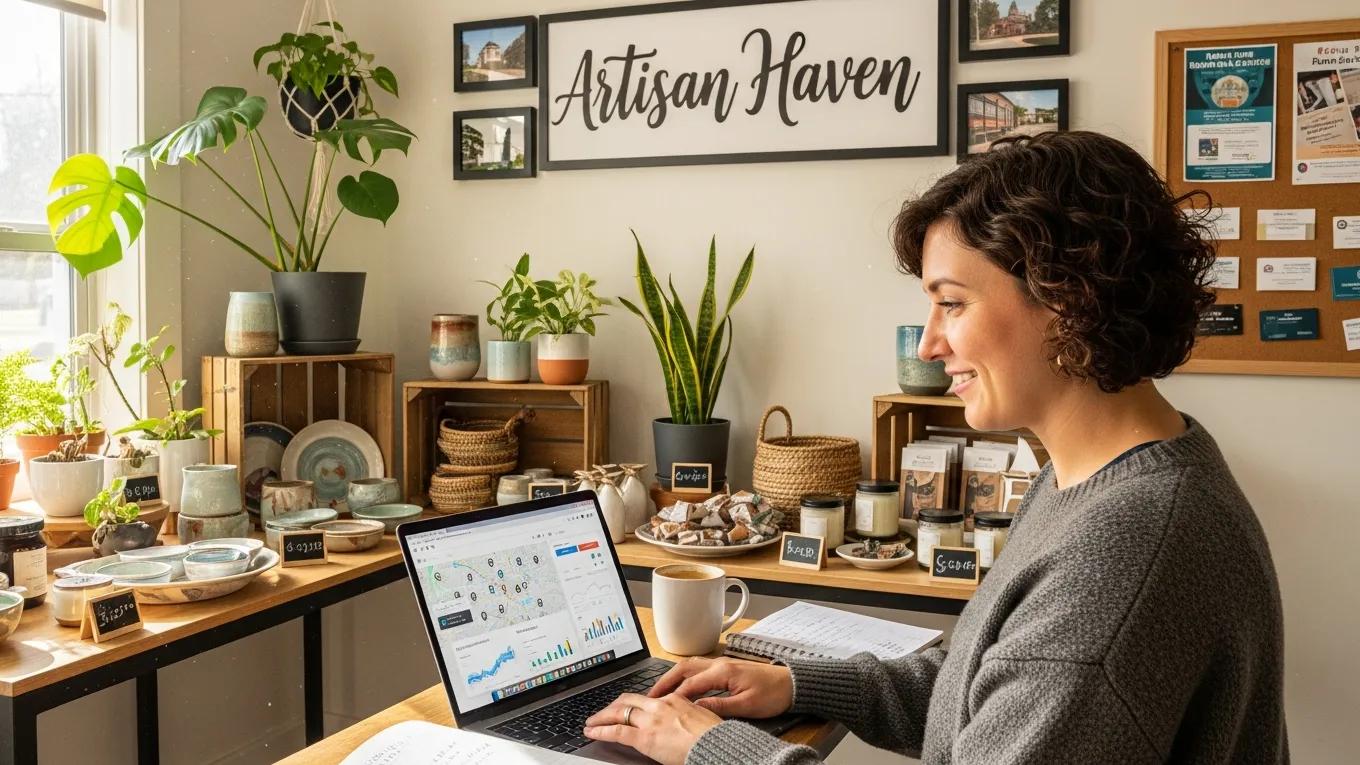 Small business owner working on local SEO strategies in a cozy workspace