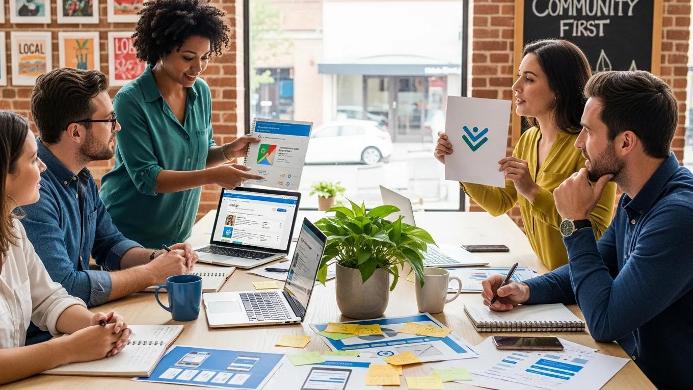 Small business owners collaborating on local SEO strategies in a modern workspace