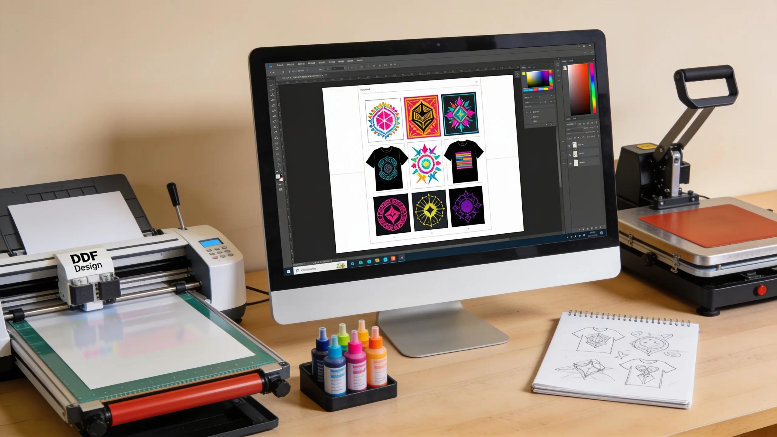 Computer interface showcasing DTF design software with vibrant design arrangements and printing tools