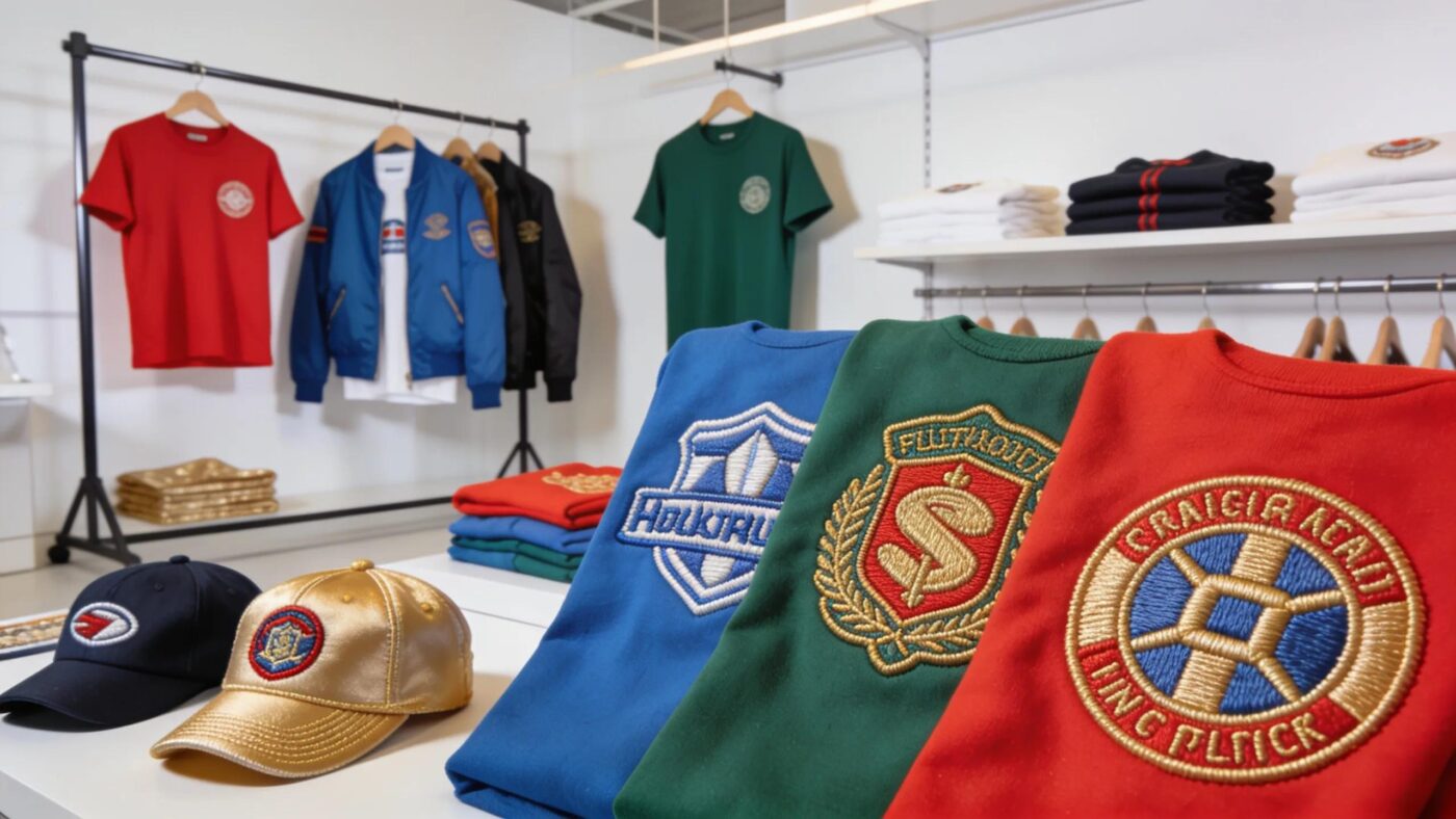 Colorful range of custom t-shirts and embroidered apparel highlighting quality and customization options