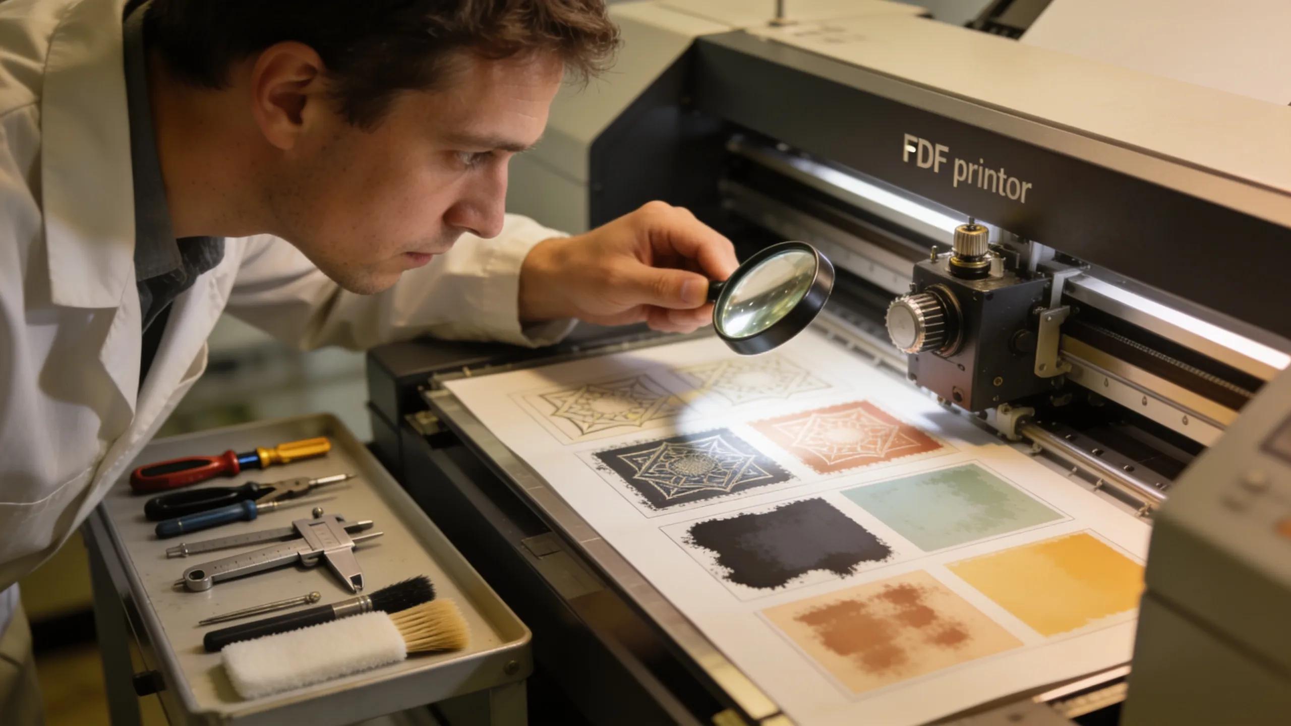 Technician troubleshooting DTF print quality with various print samples and adjustment tools