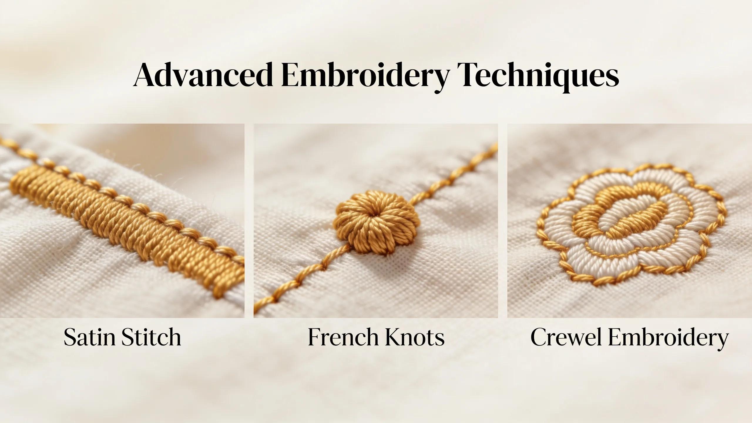 Close-up of advanced embroidery techniques and materials on various apparel types