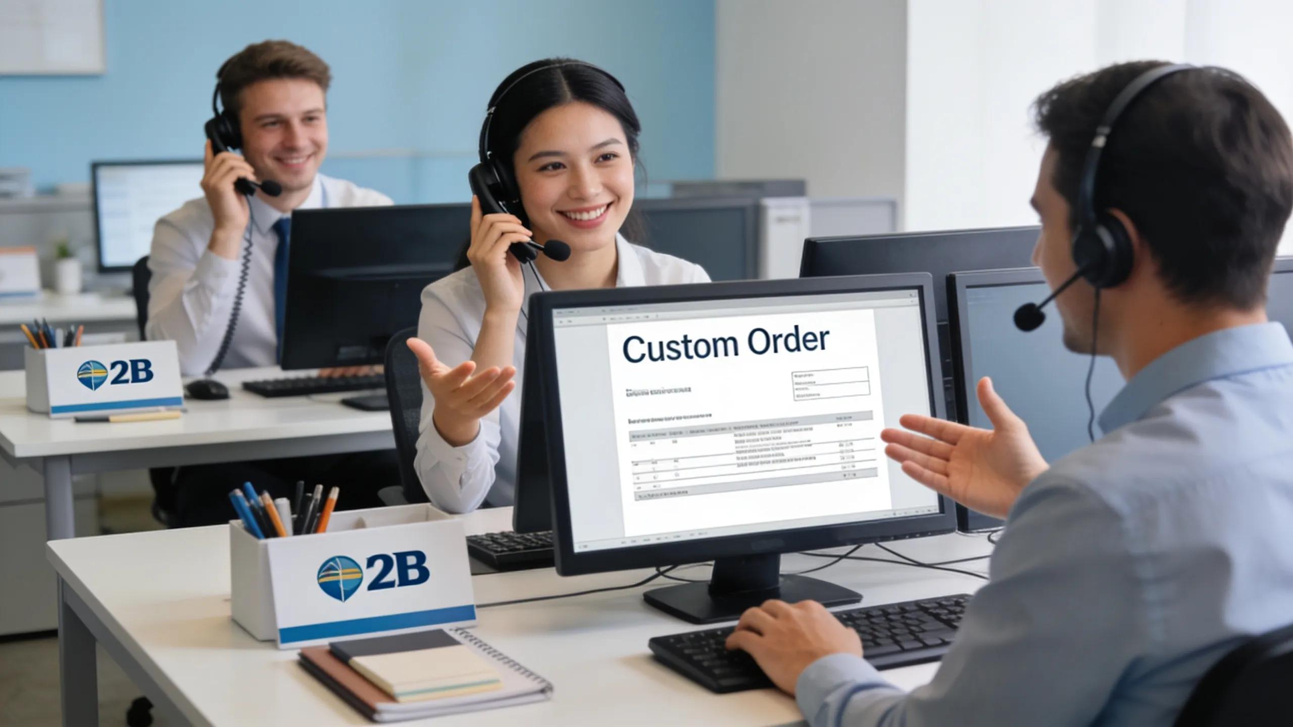 Professional customer service team assisting clients with custom apparel orders