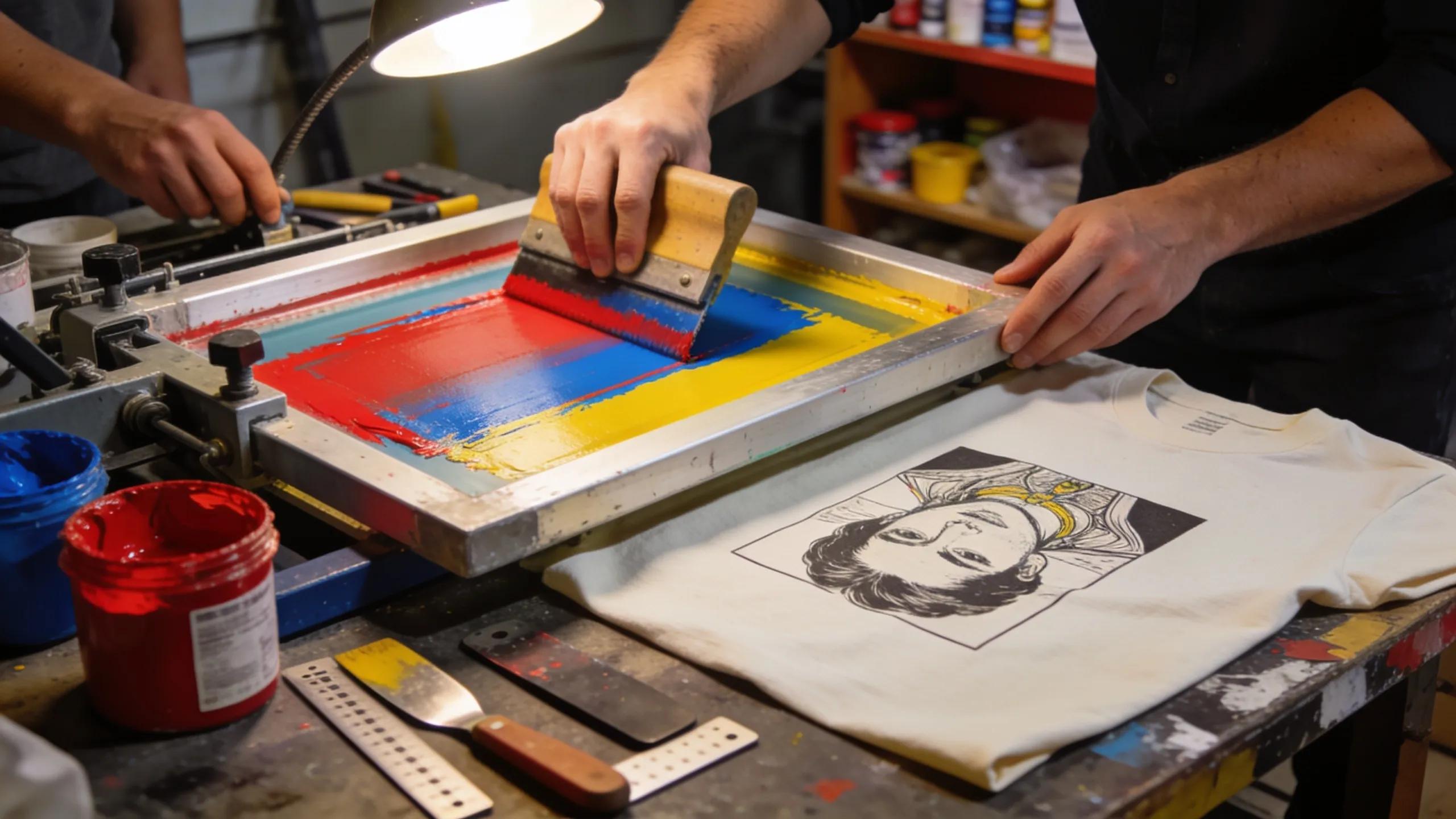 Screen printing process illustrating durable application of ink on fabric, highlighting craftsmanship in custom apparel