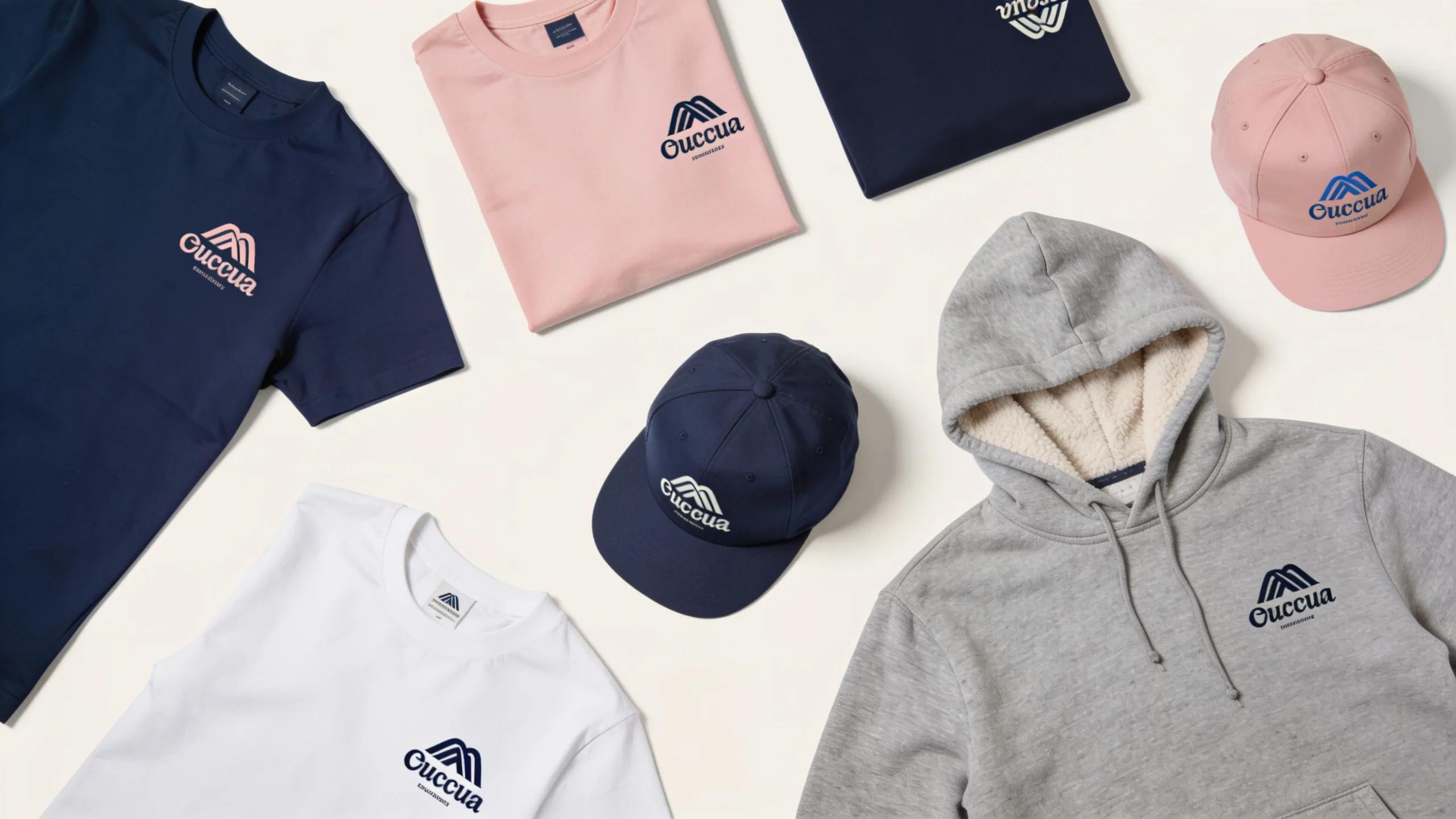 Flat lay of customizable apparel items including t-shirts and hoodies, illustrating options for personalized branding