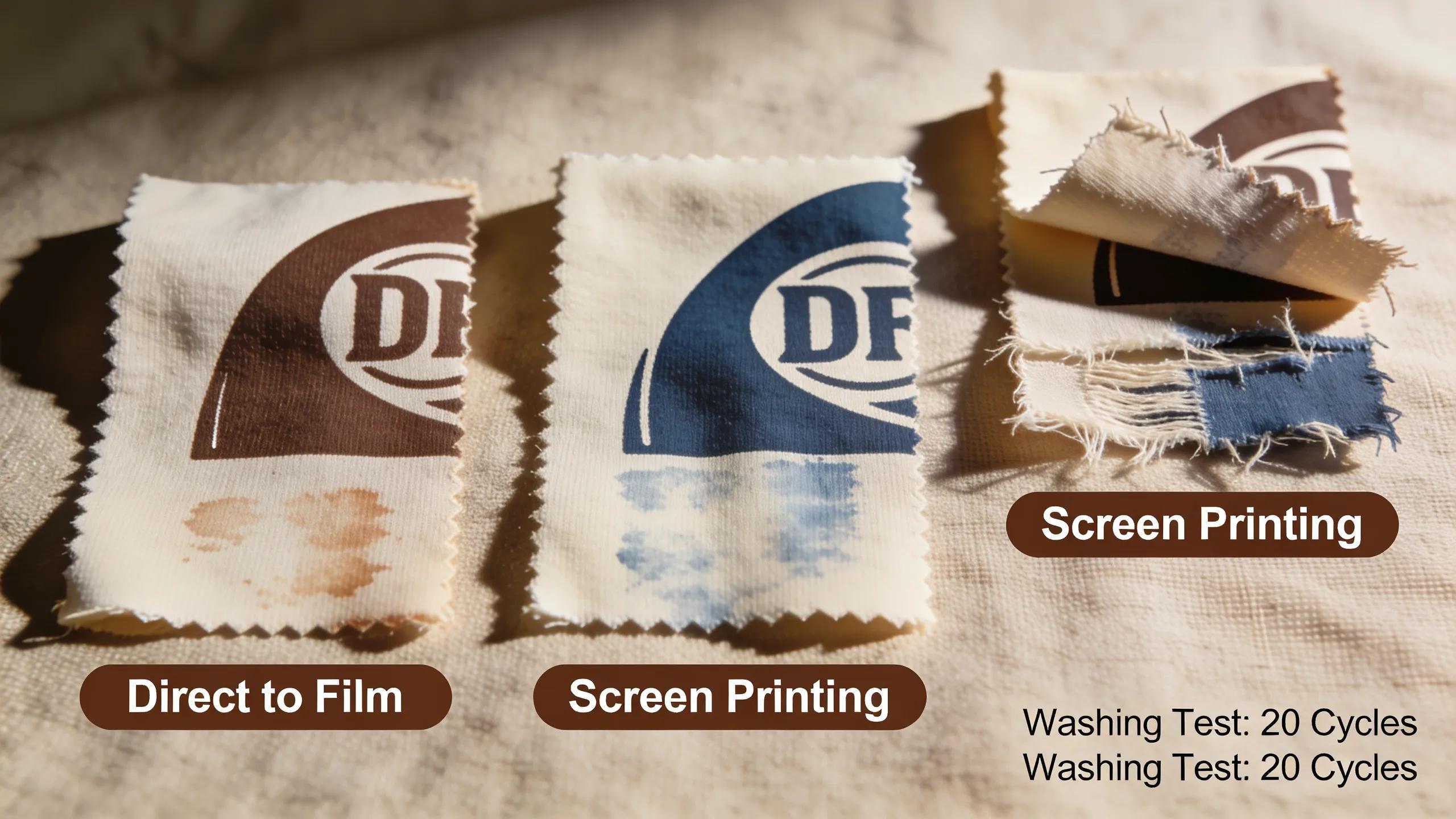 Image showcasing printed fabric samples demonstrating durability of DTF and screen printing