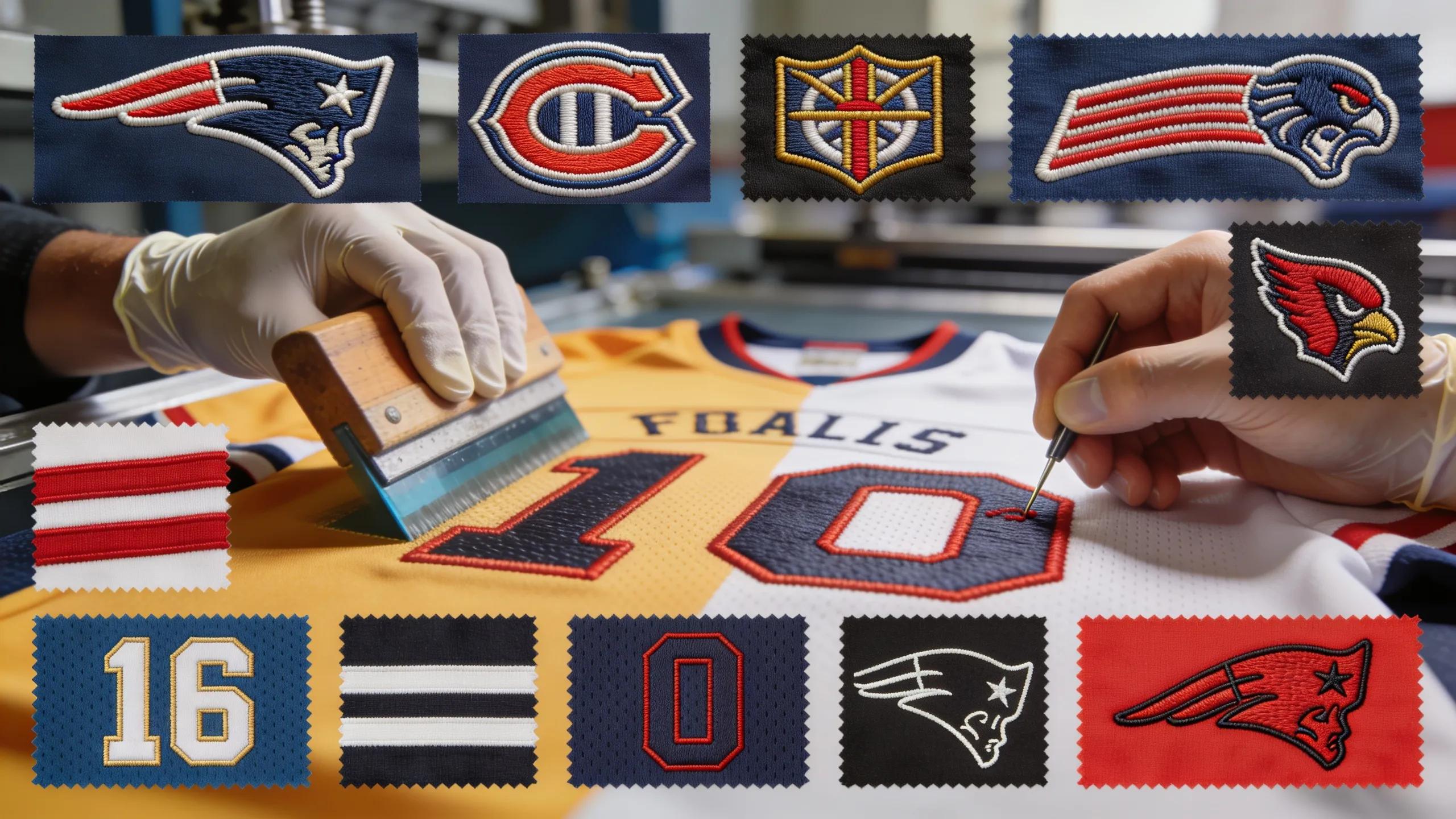 High-quality fabric swatches and artwork for custom team apparel showcasing various customization techniques