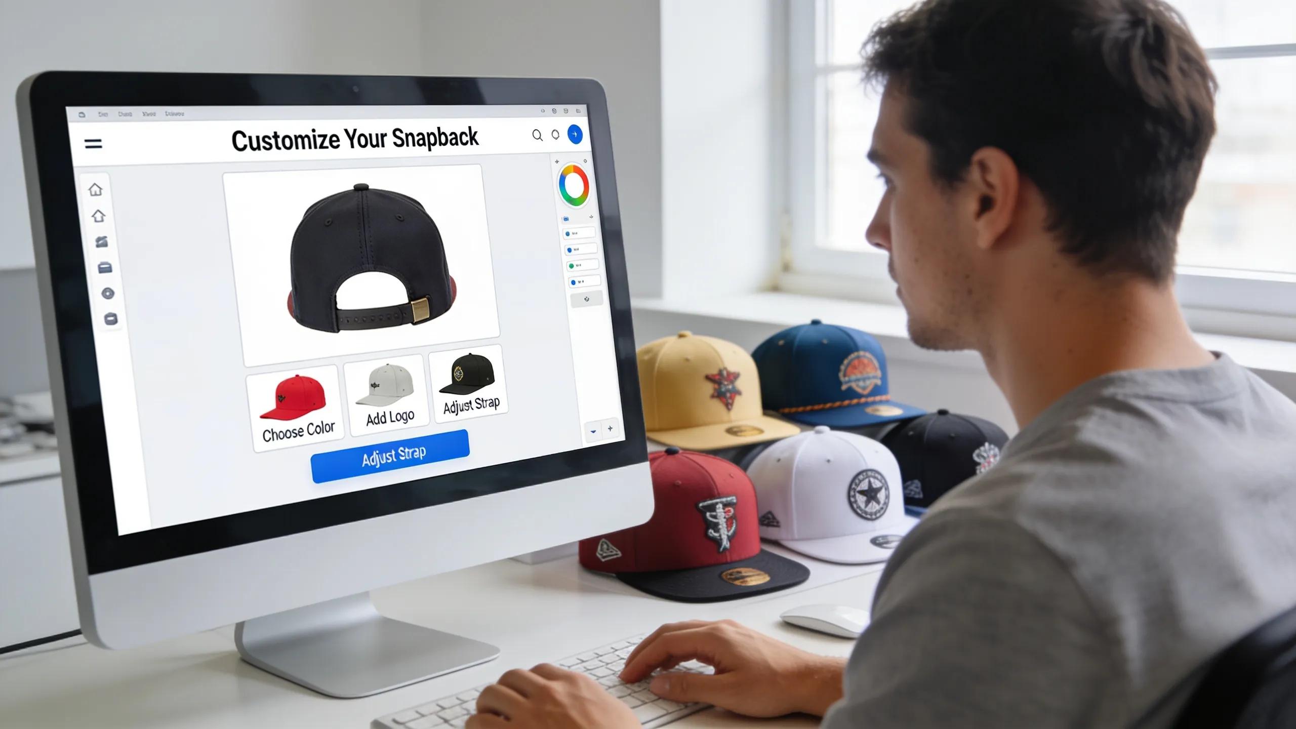 Person customizing snapback hats online with several finished products displayed
