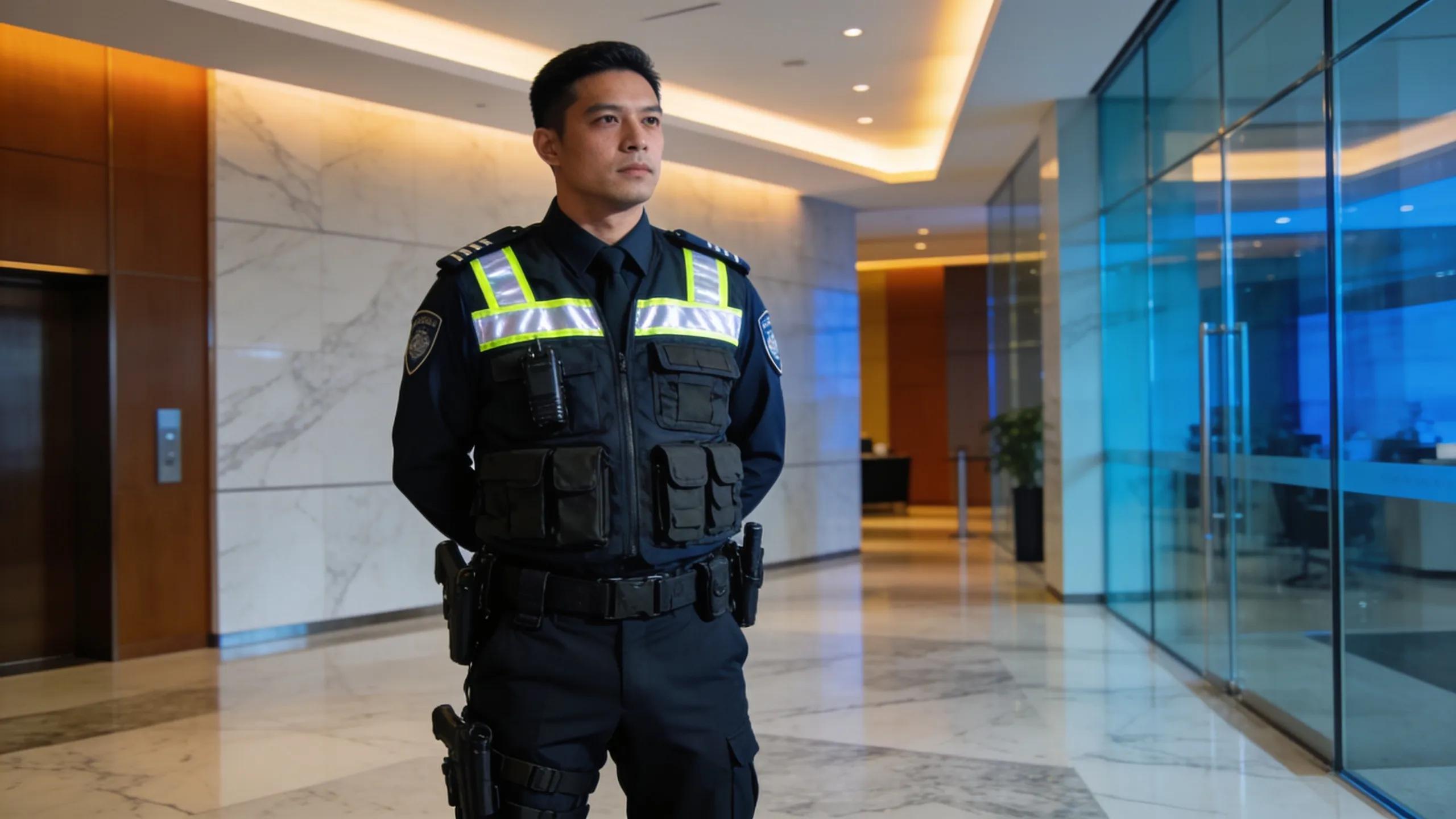 Security personnel in custom uniform demonstrating essential safety features