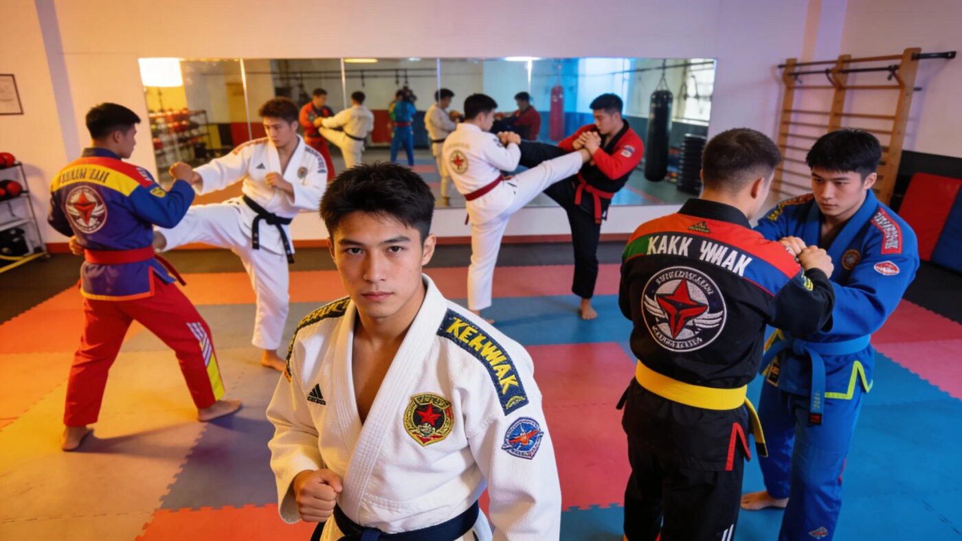 Group of martial artists wearing custom uniforms representing karate, taekwondo, and wrestling