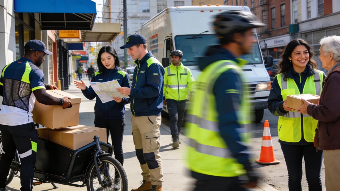 Diverse team of couriers in custom uniforms representing professionalism and brand identity