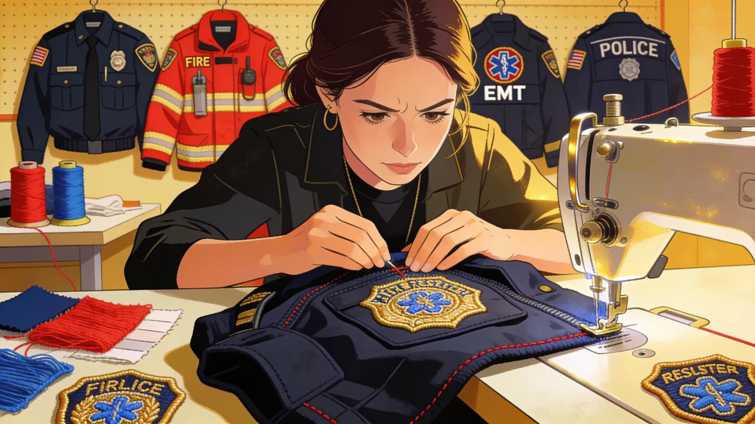 Designer working on custom embroidery for first responder uniforms, showcasing the customization process and craftsmanship