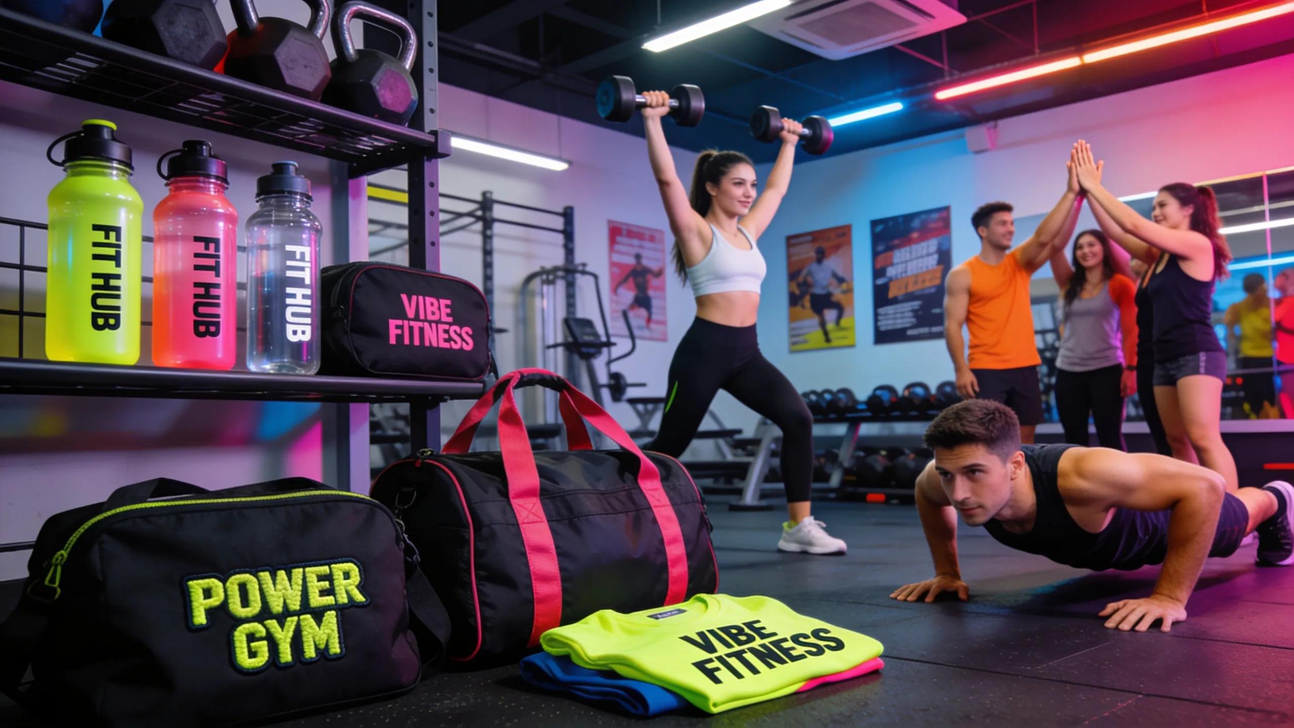 Branded promotional products for boutique gyms showcasing community engagement and fitness lifestyle