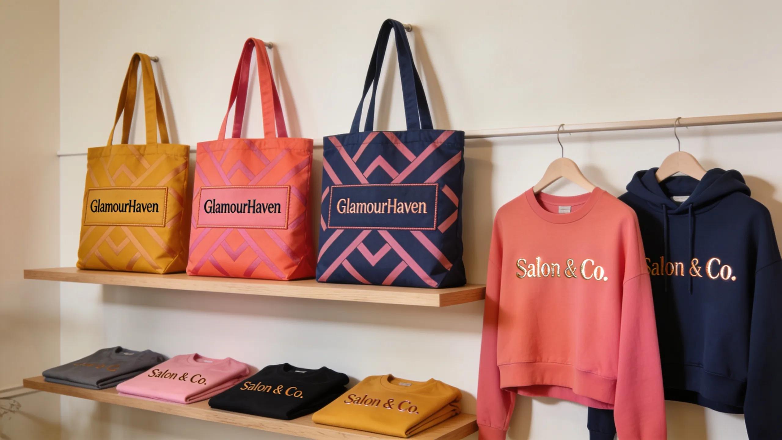 Display of custom-branded salon boutique merchandise, including stylish tote bags in a boutique setting
