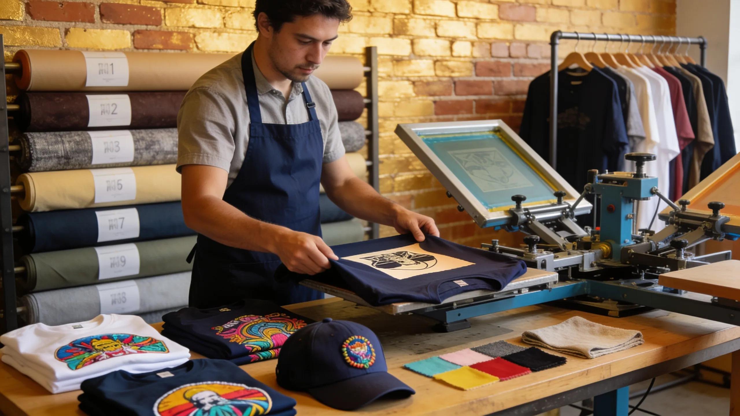 Technician at a local printing service creating custom apparel, emphasizing craftsmanship and community values
