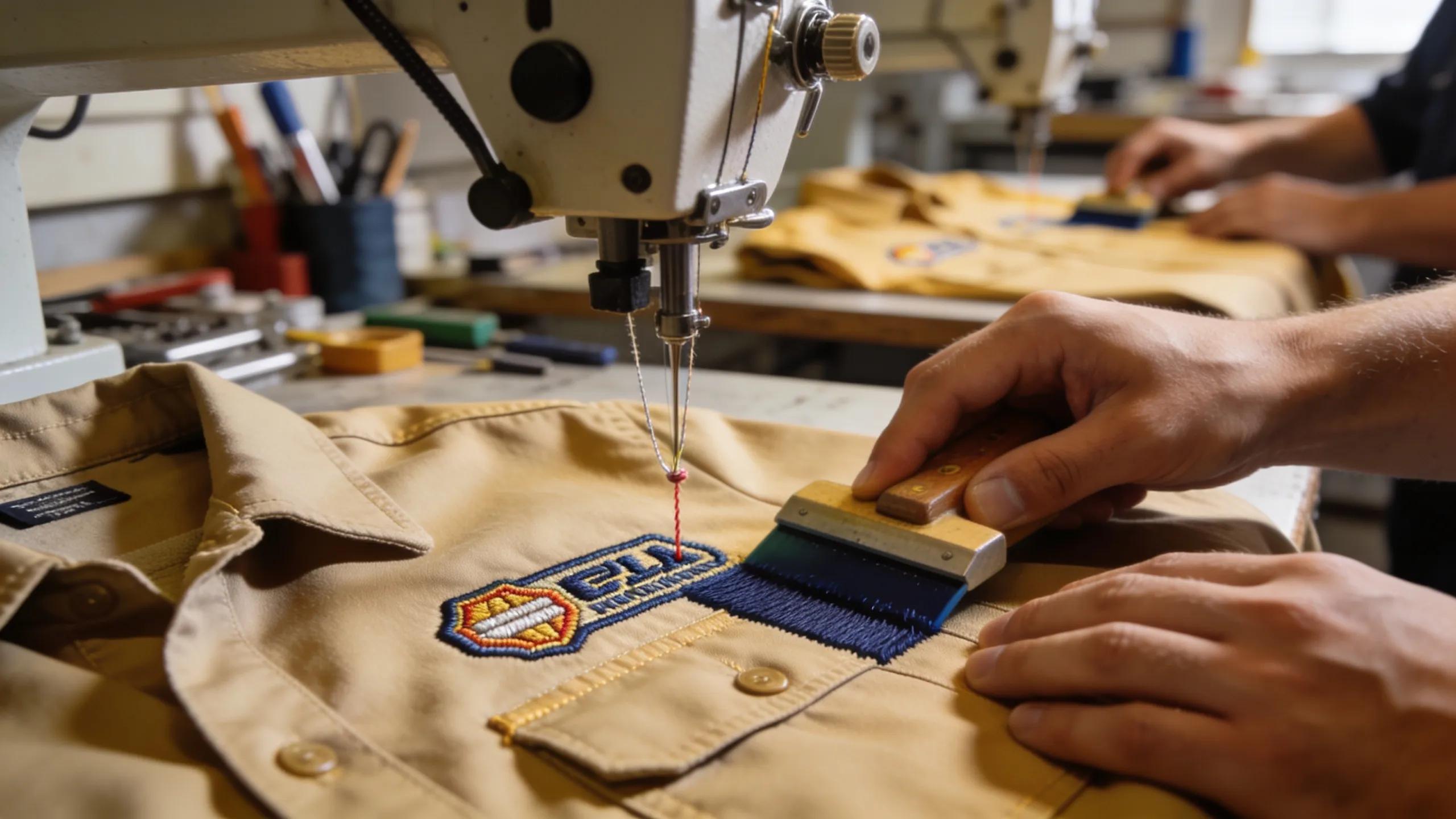 Close-up of the customization process for work uniforms featuring embroidery and screen printing techniques in a workshop setting, highlighting quality and detail.