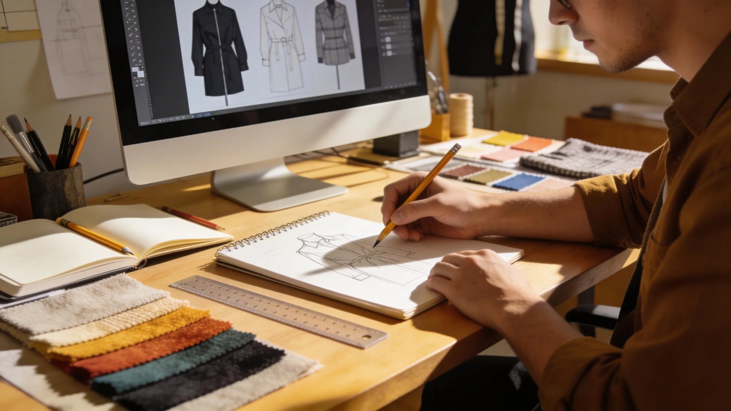 Designer creating custom apparel designs in a well-lit workspace