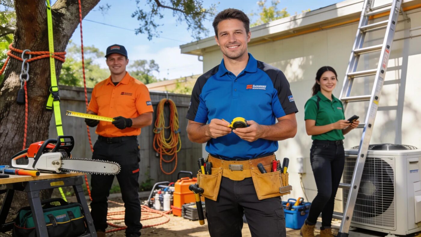 Professionals wearing custom work shirts in a tree service and HVAC setting