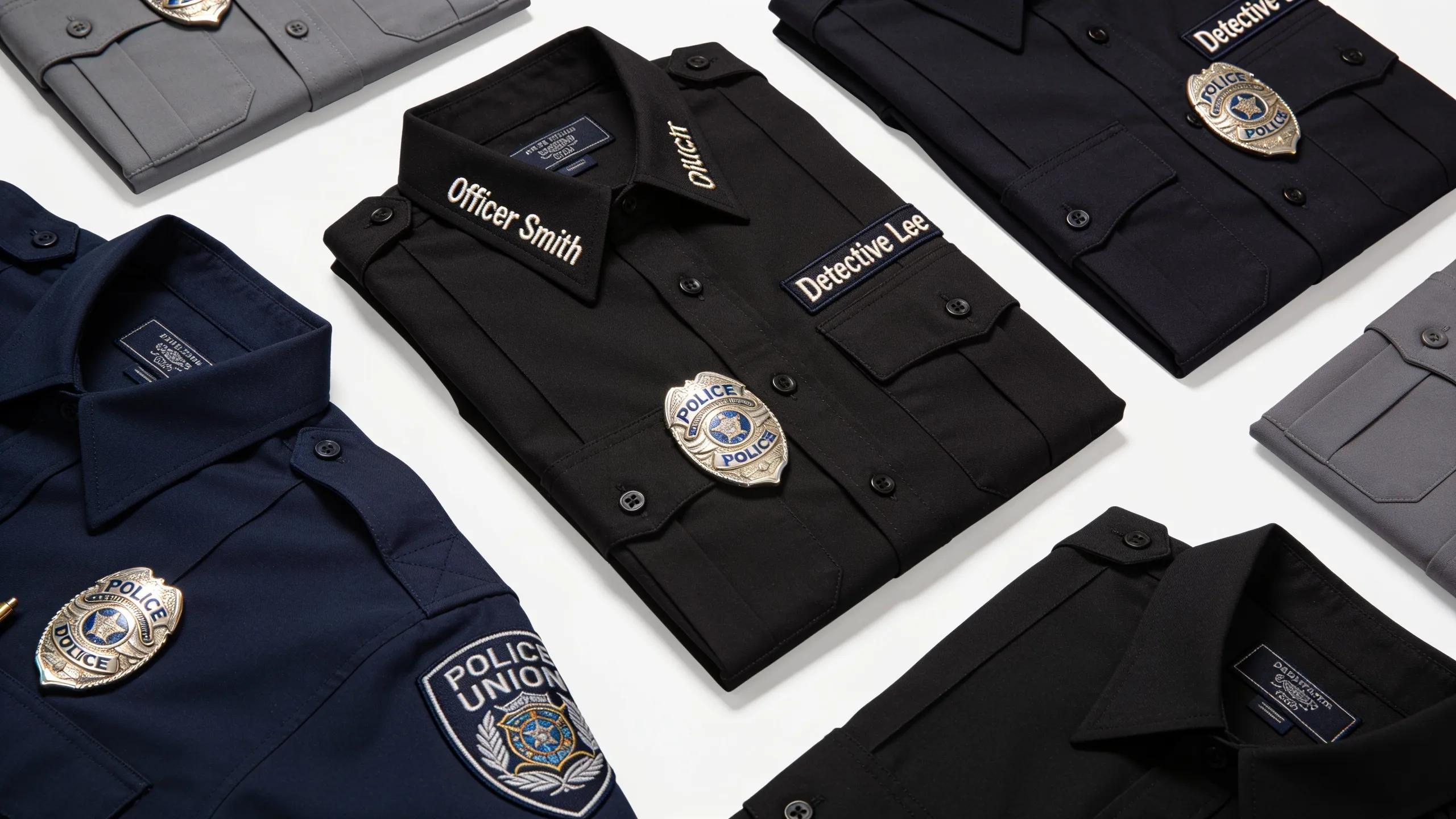 Variety of police union shirts displaying different styles, colors, and customization options for team identity
