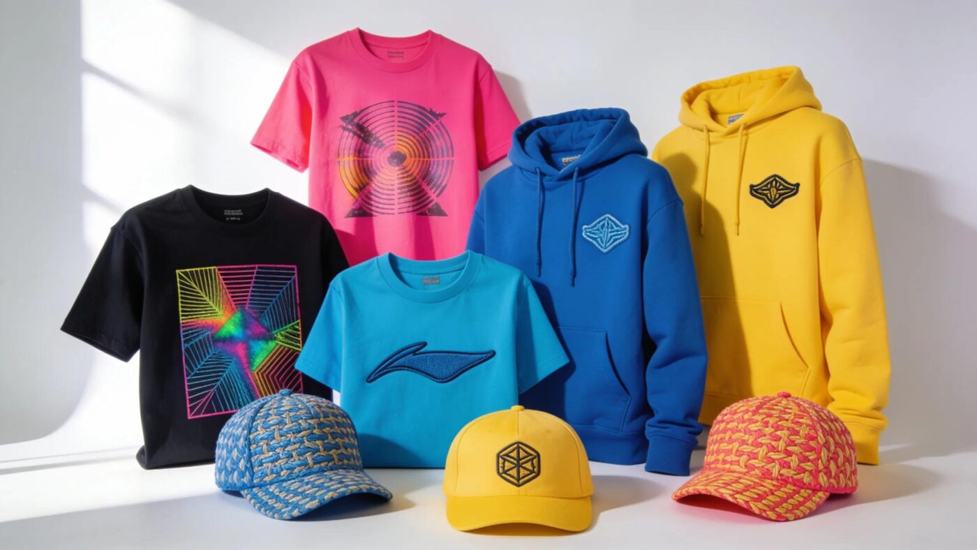 Variety of custom apparel products showcasing vibrant designs, ideal for personalized branding solutions