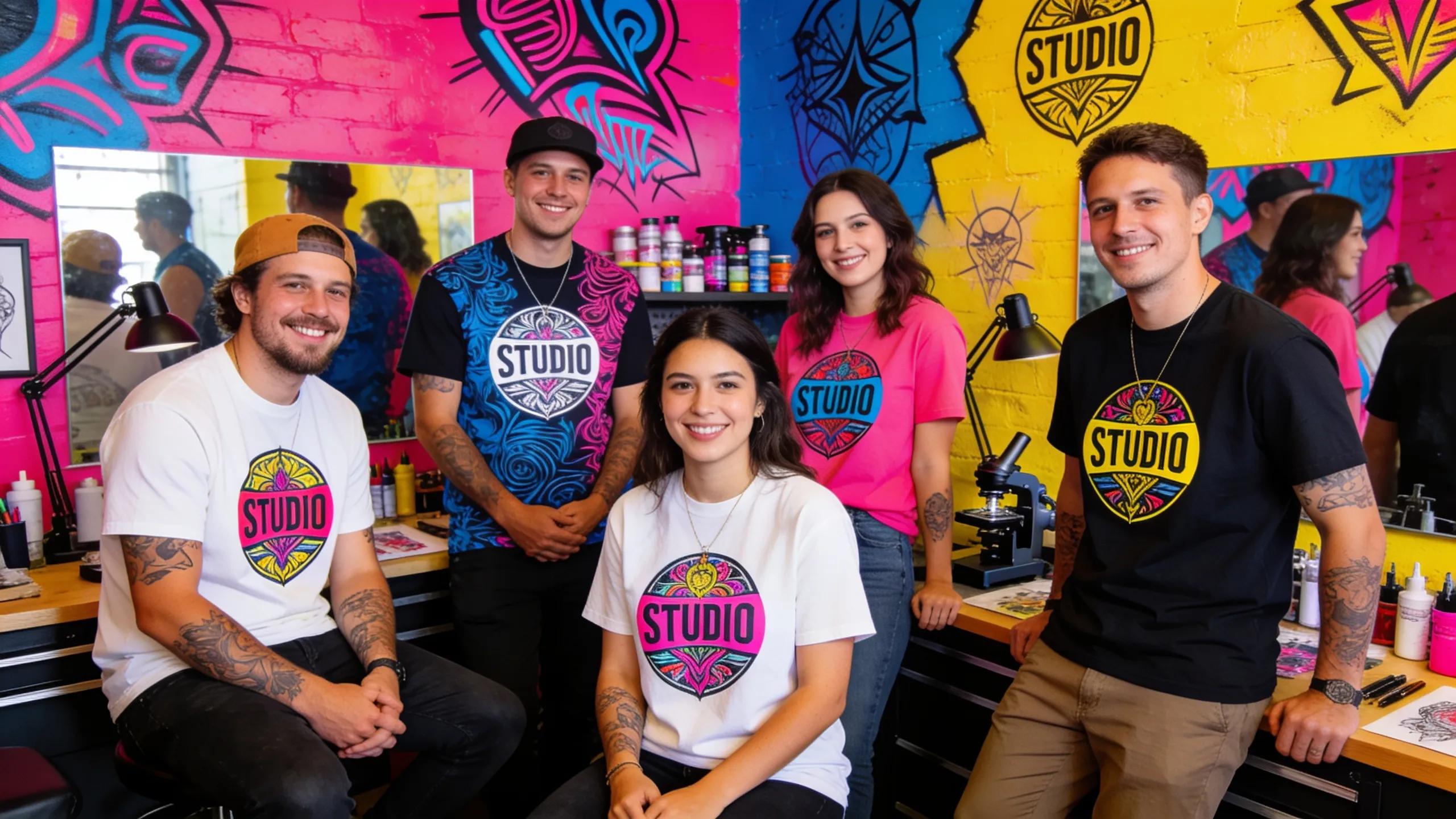 Customers in stylish tattoo studio tees representing brand identity and artistic culture
