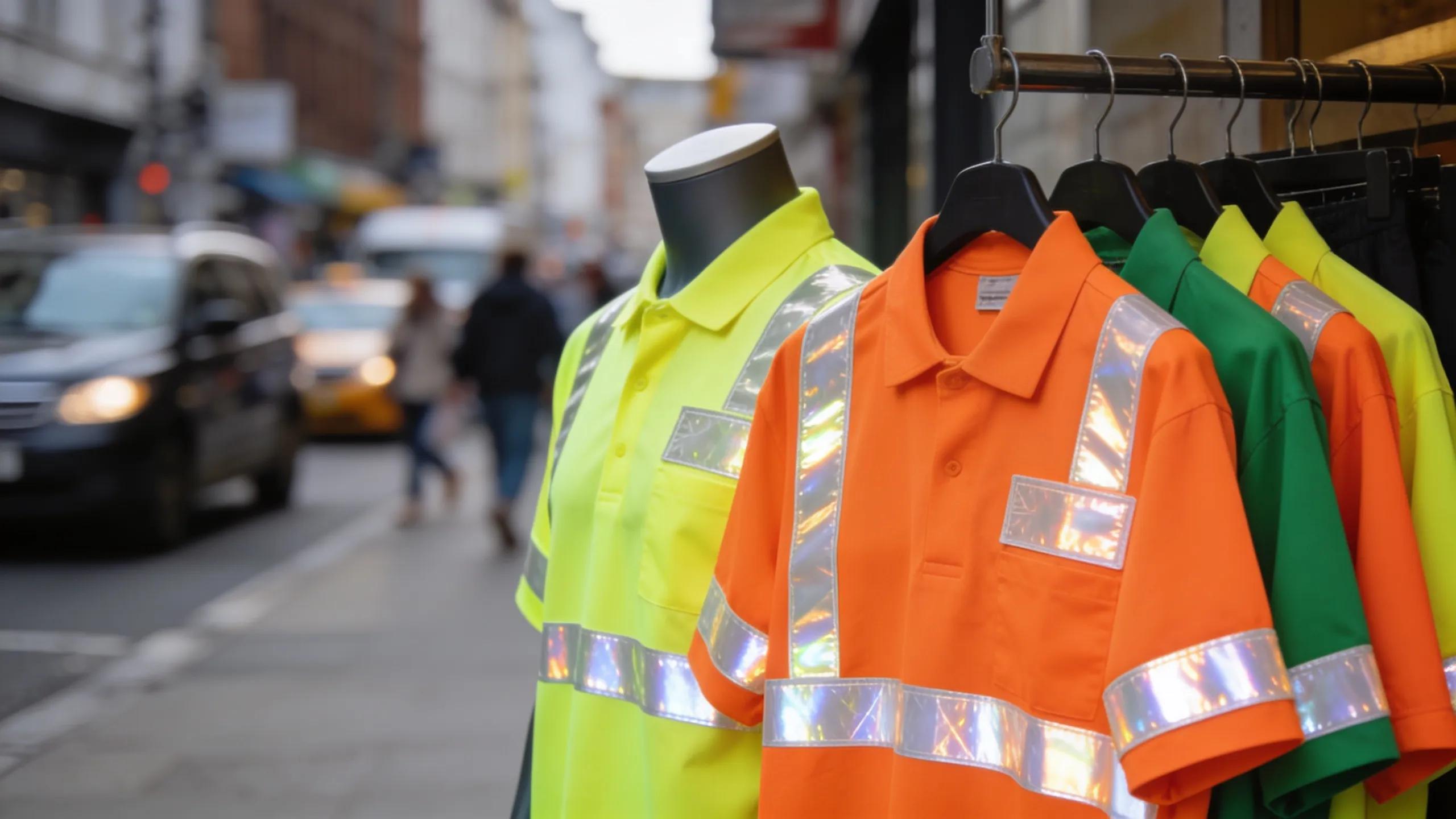 Selection of colorful hi-visibility delivery driver shirts with reflective features