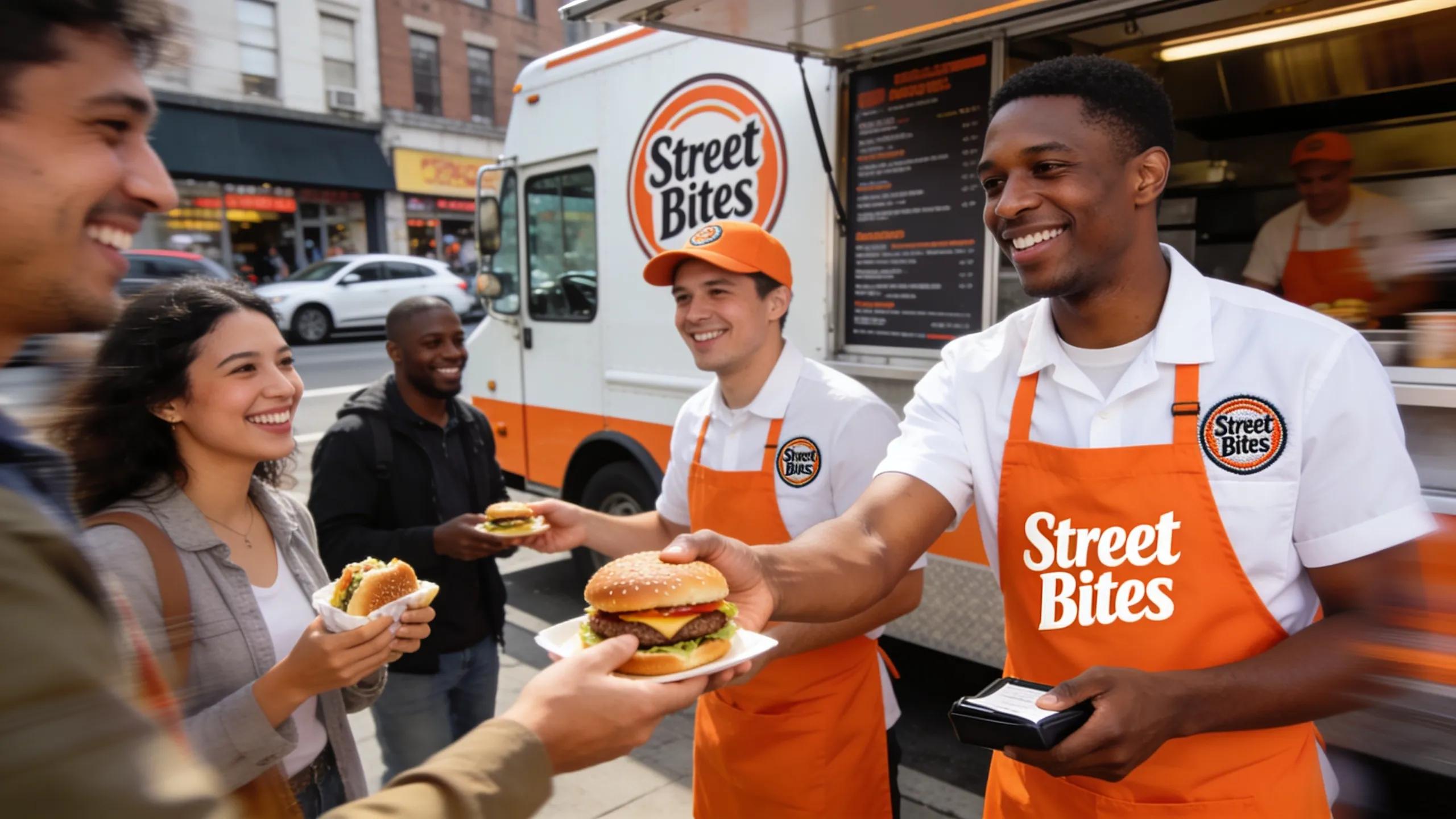 Food truck staff wearing branded apparel serving food to diverse customers in a lively urban setting, emphasizing brand visibility