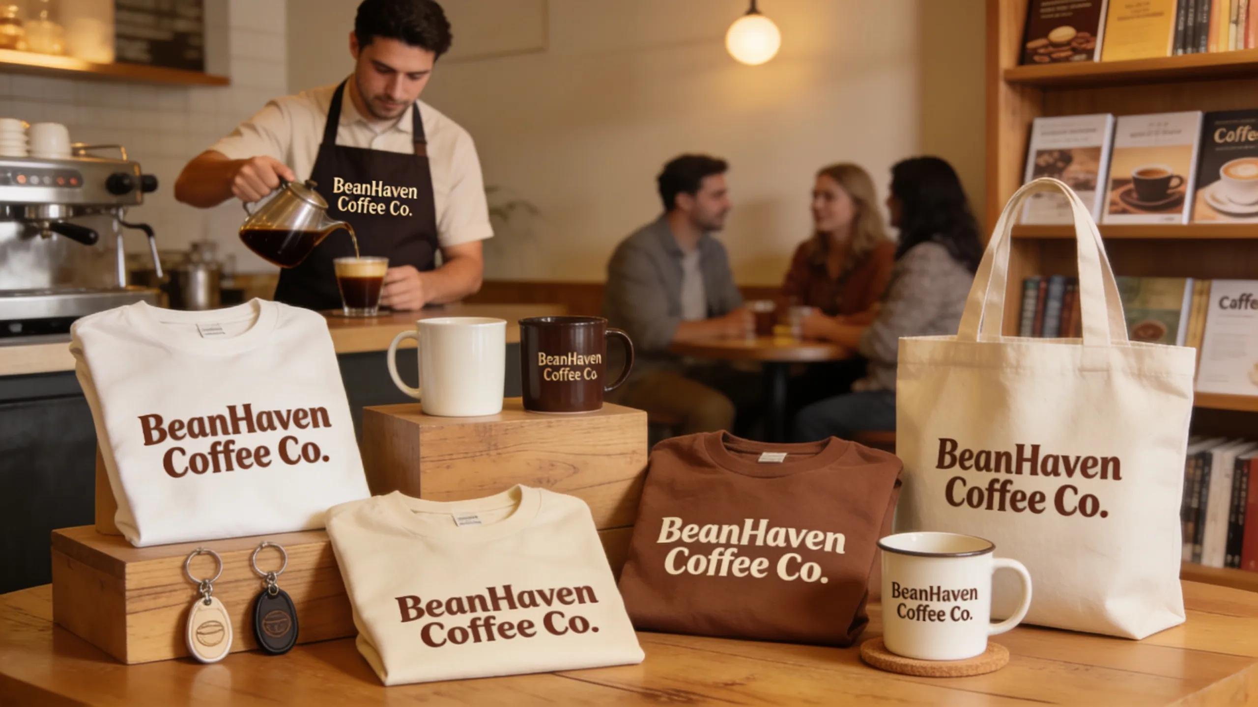 Assortment of coffee shop branded merchandise displayed in a cozy café setting