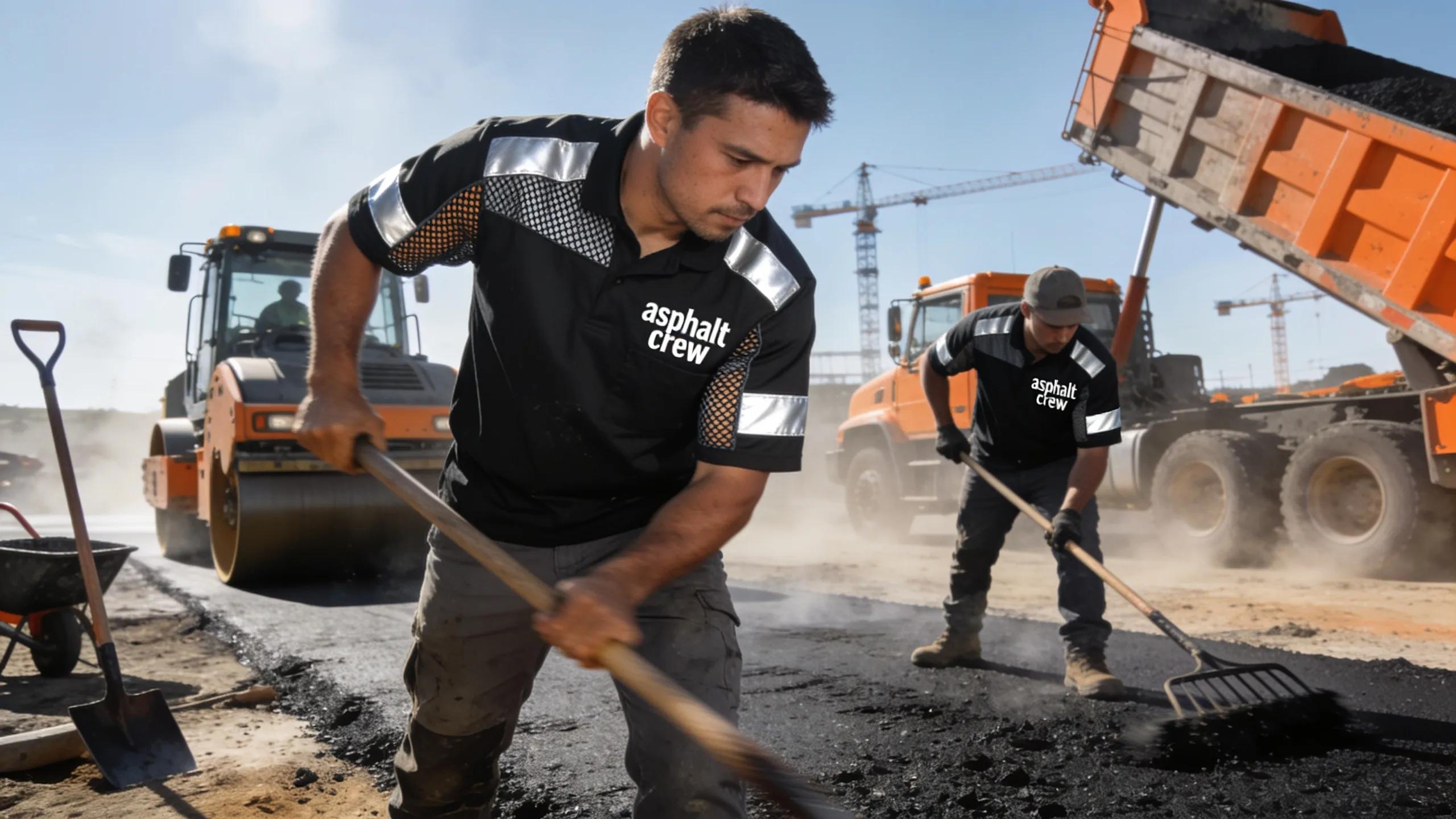 Asphalt crew wearing durable printed shirts showing safety features and practical design
