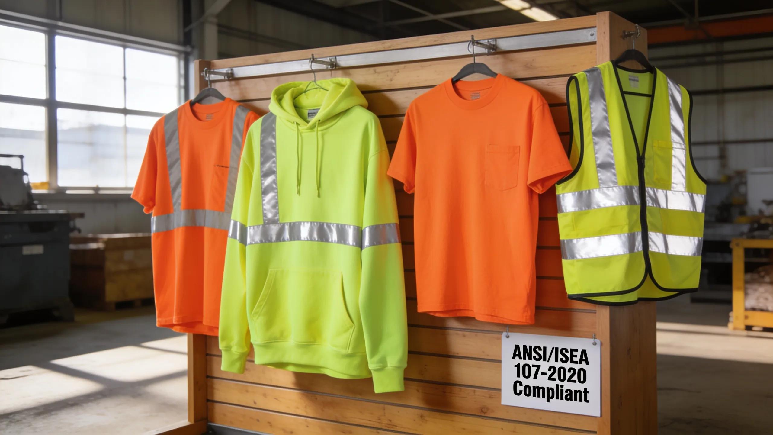 A variety of custom workwear and hi-vis safety gear including safety t-shirts, high visibility hoodies, and reflective vests emphasizing durability and compliance.