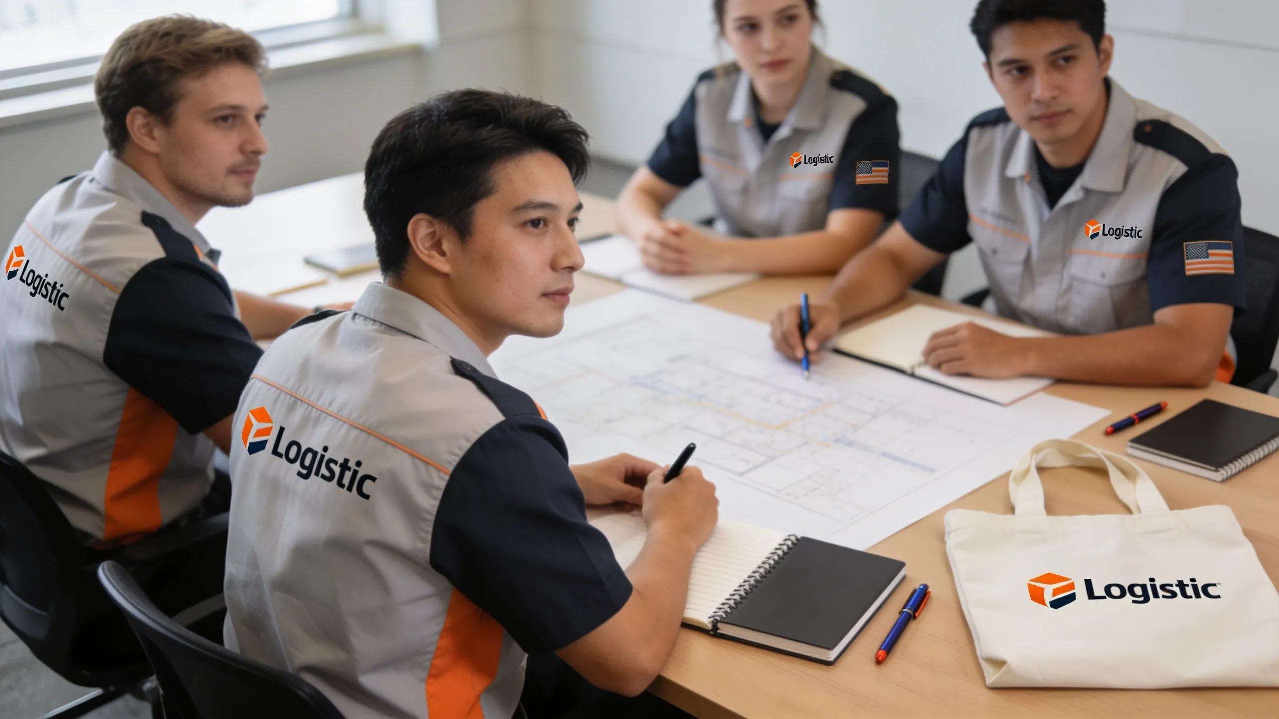 Employees in matching uniforms collaborating on a logistics project, reinforcing corporate branding and team spirit.