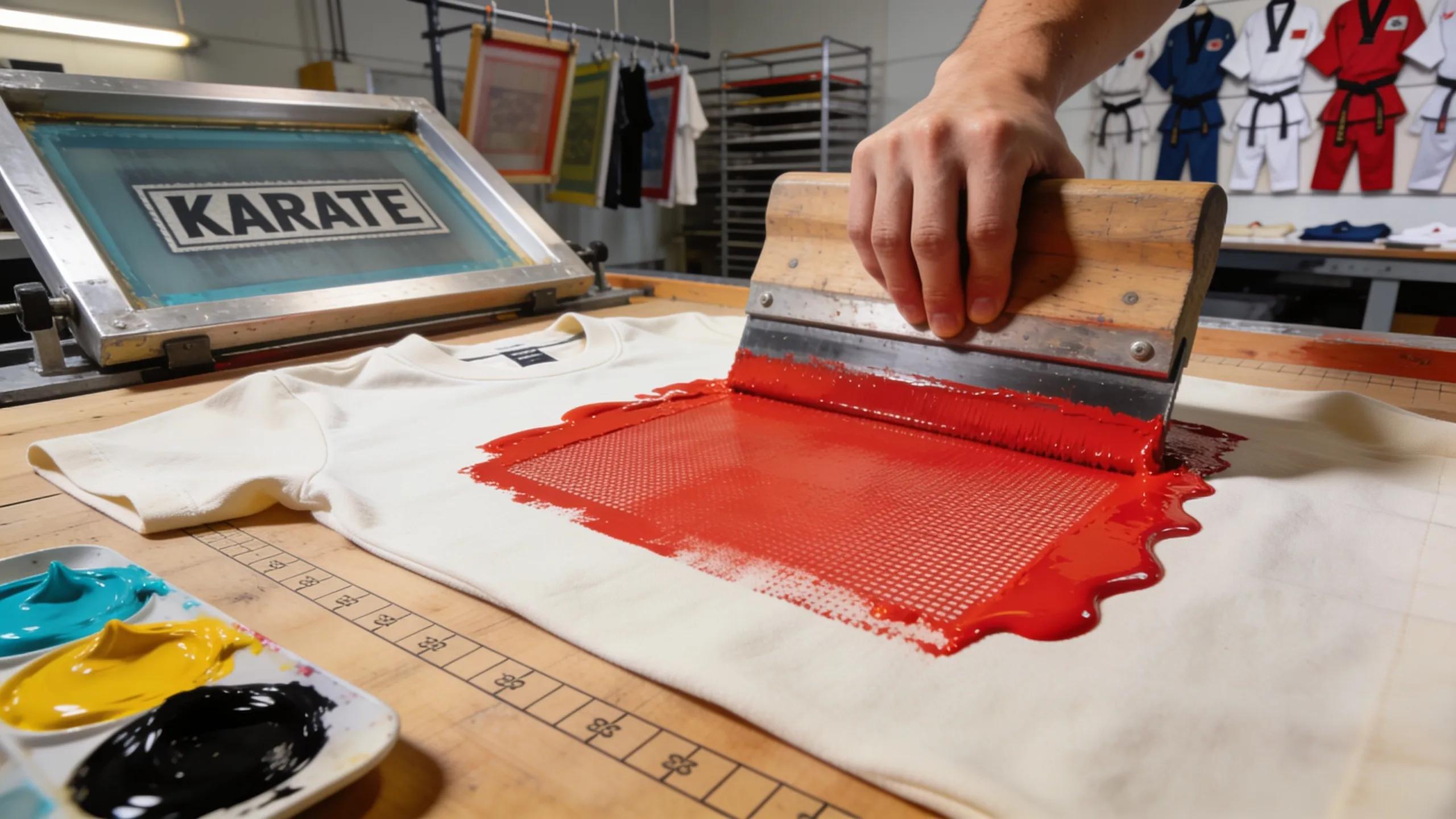 Custom printing process for martial arts uniforms displaying screen printing techniques