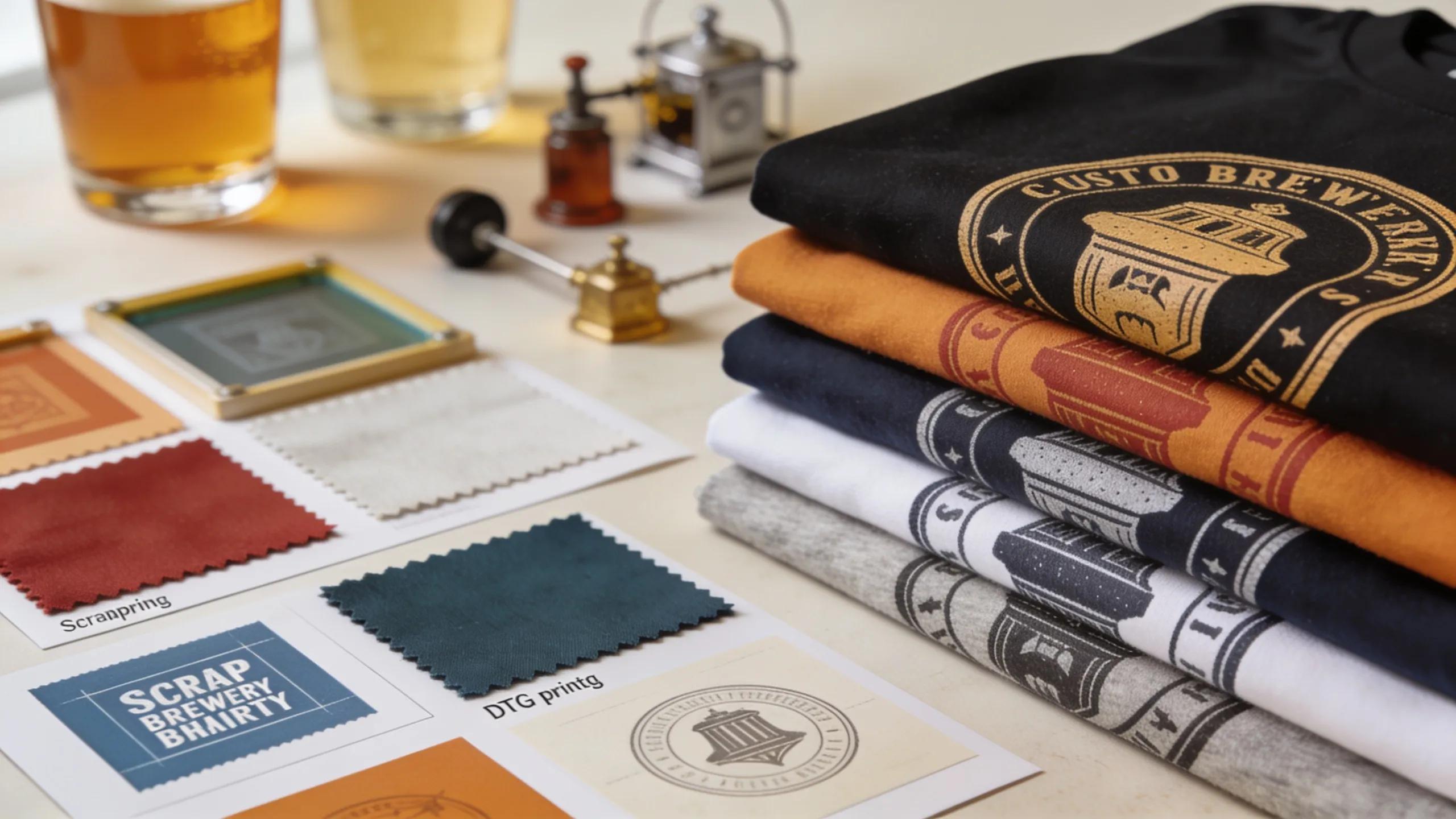 High-quality fabric swatches for custom brewery shirts displayed with printing technique samples, highlighting textures and colors