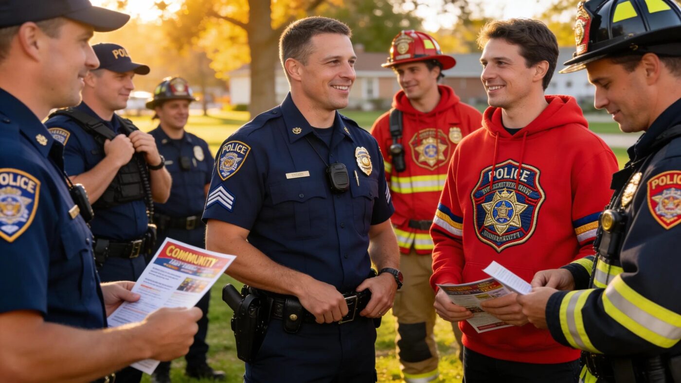 Police officers and firefighters wearing custom embroidered shirts and hoodies, showcasing community pride and teamwork
