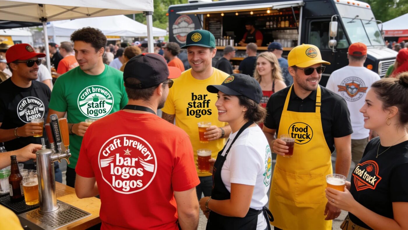 Custom branded apparel worn by diverse individuals at an outdoor craft event, showcasing vibrant colors and styles relevant to breweries and food trucks