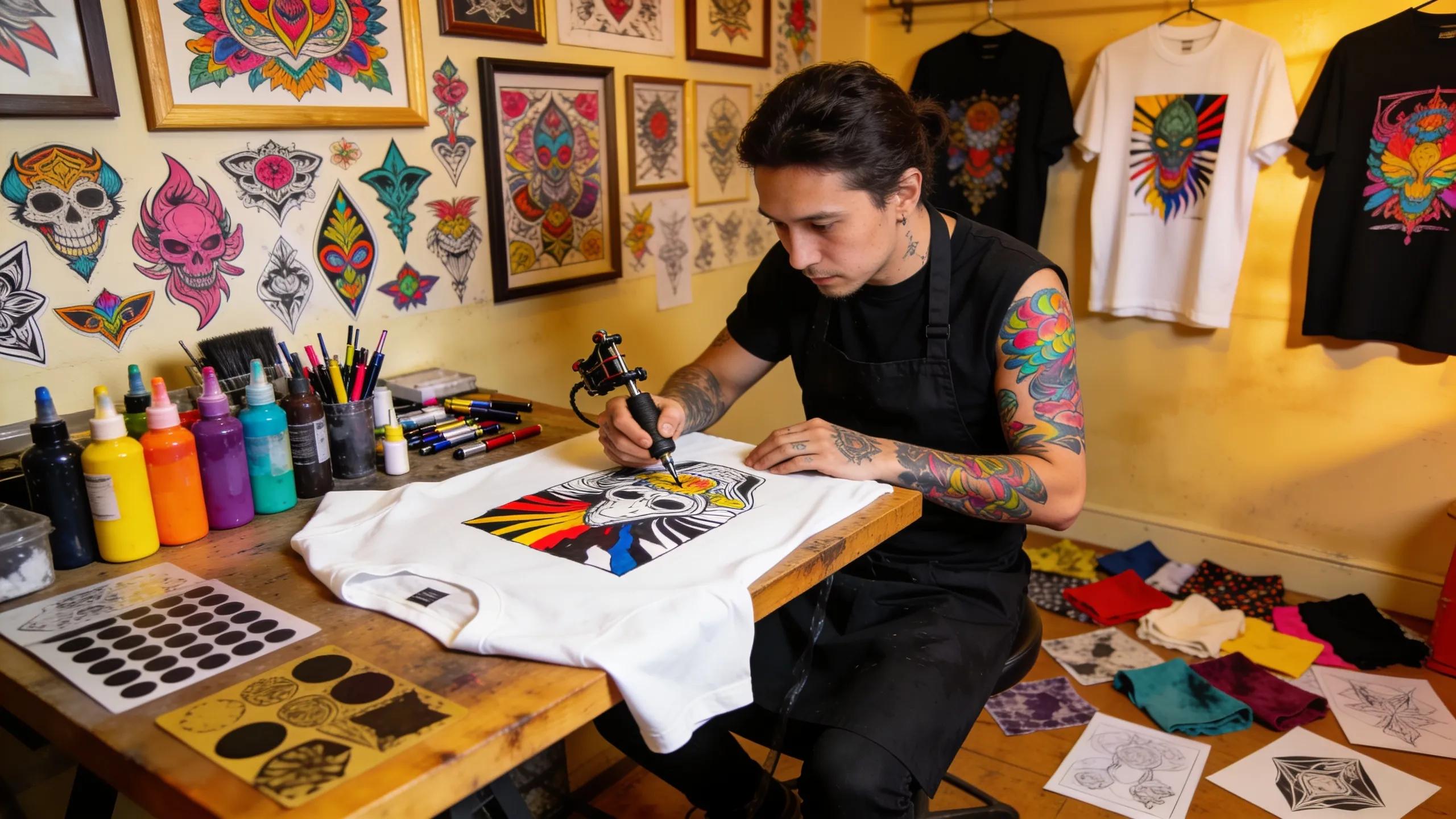 Tattoo artist customizing studio tees with vibrant designs in an artistic studio setting