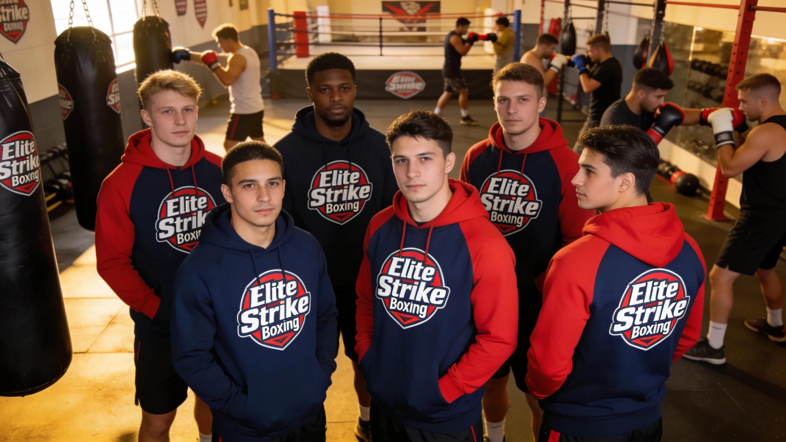 Individuals in custom boxing gym hoodies promoting team branding and unity in a gym environment