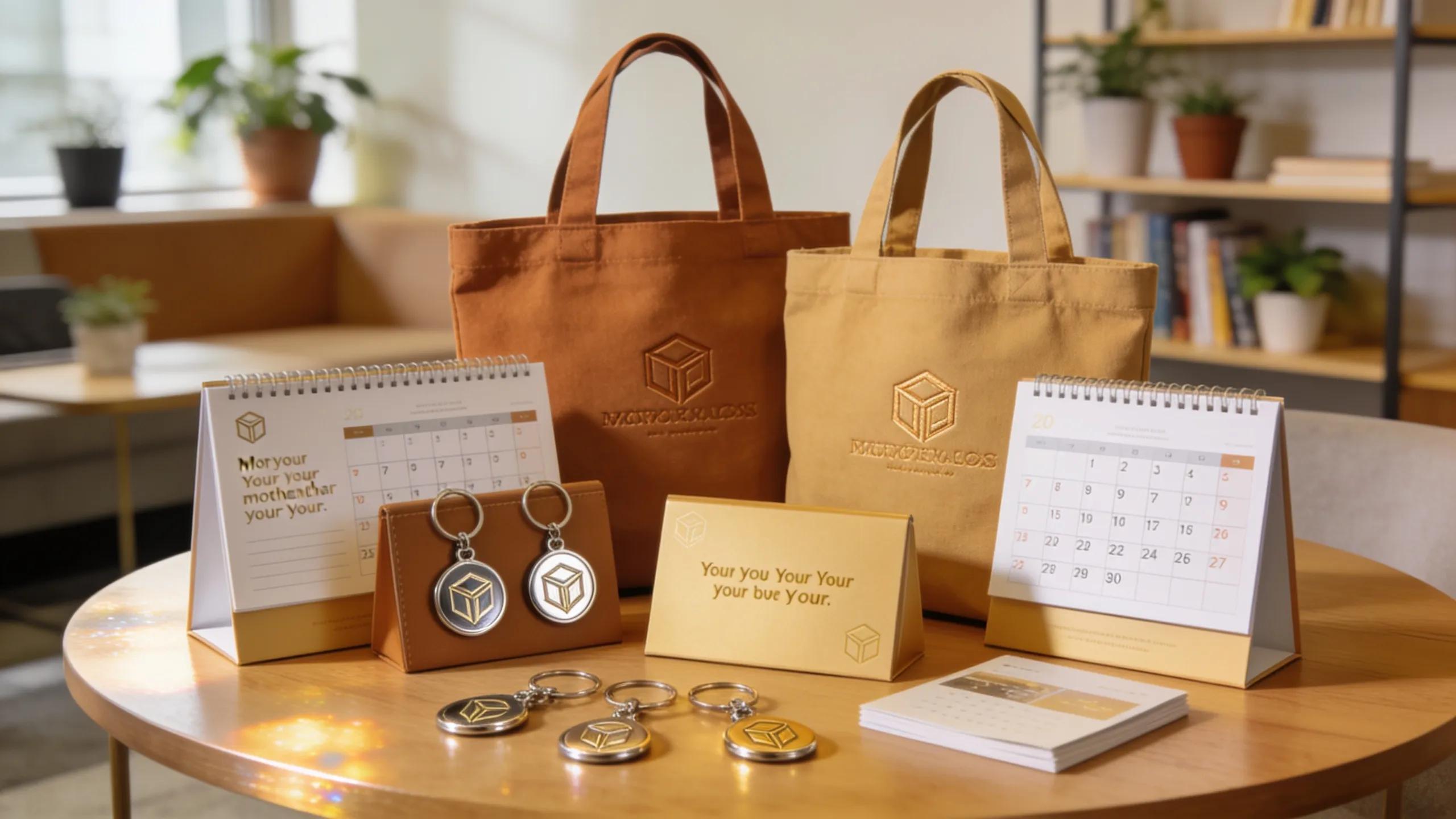 Promotional items for mortgage brokers including branded keychains and tote bags promoting client retention