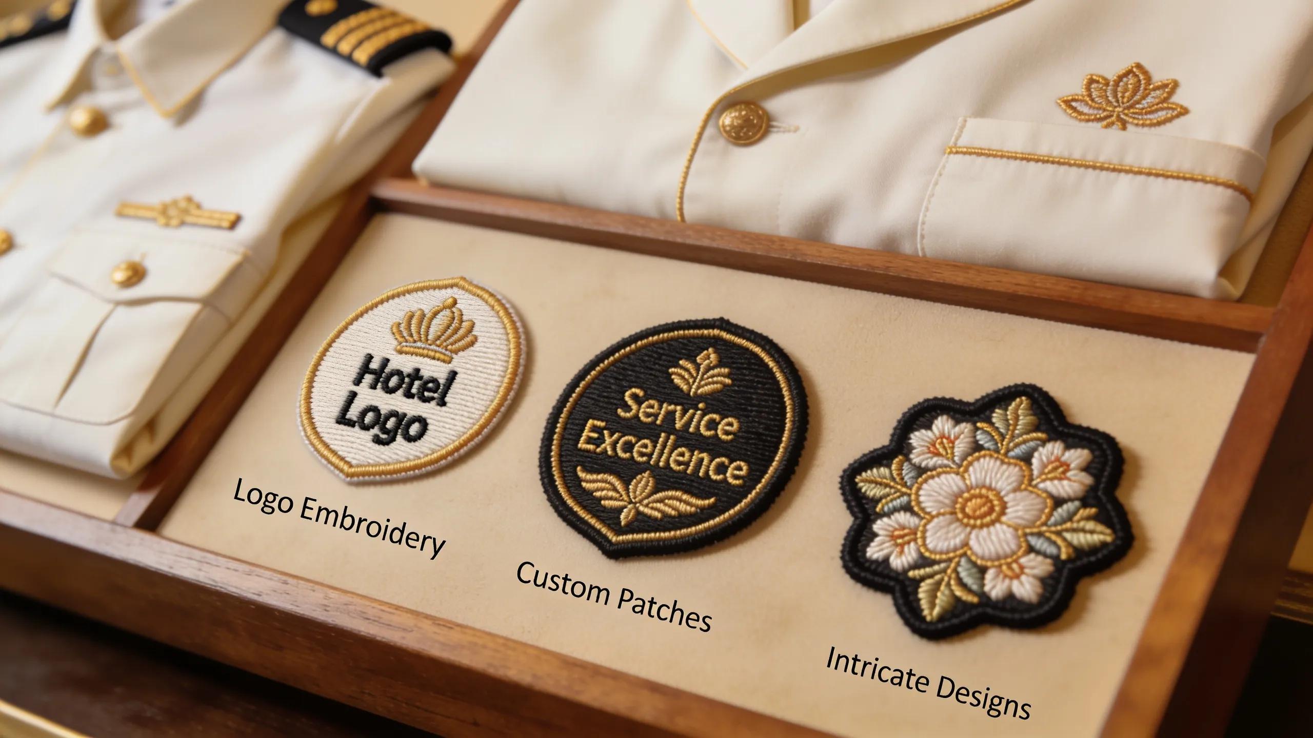 Close-up of custom embroidery on hospitality uniforms highlighting various logo designs