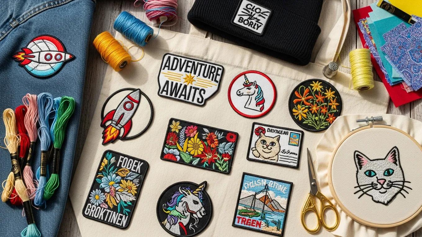 Colorful custom embroidered patches displayed on apparel, showcasing branding and design diversity