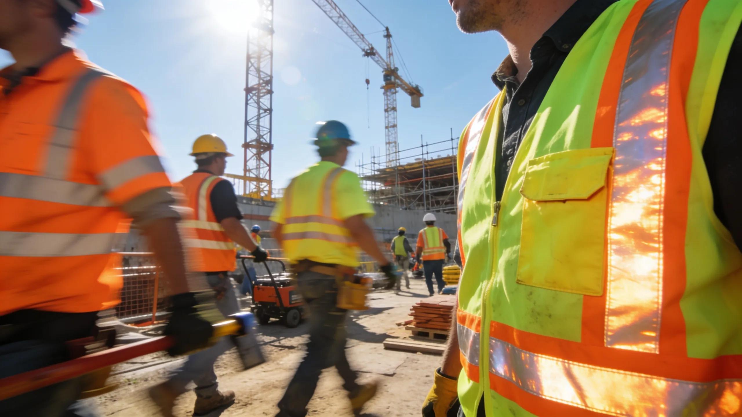 Contractors in bright safety vests on a job site, demonstrating visibility and safety