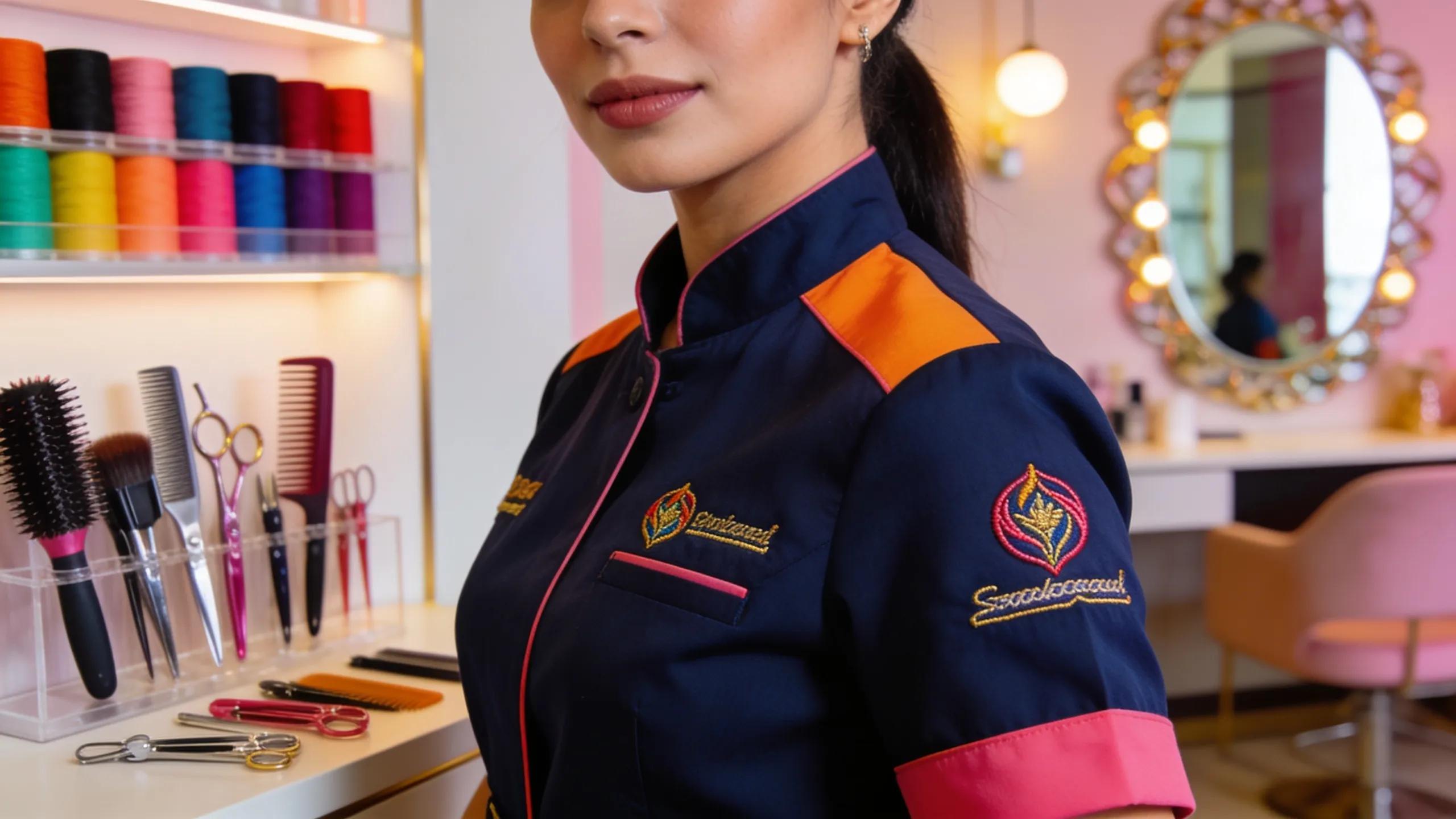 Close-up of a branded uniform showcasing logo and quality, enhancing brand visibility in a salon setting