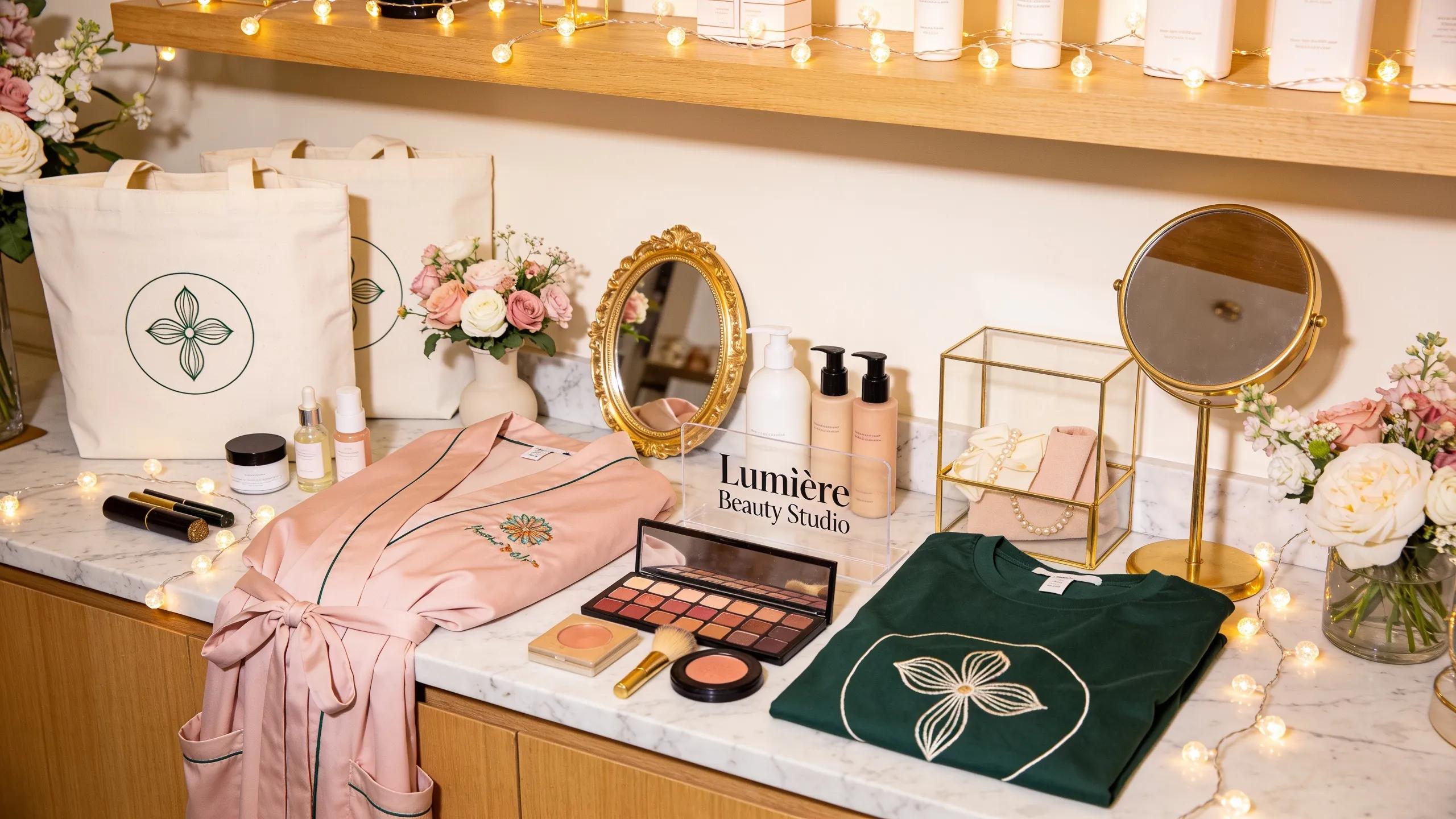 Stylish salon merchandise display including tote bags and beauty products enhancing brand visibility