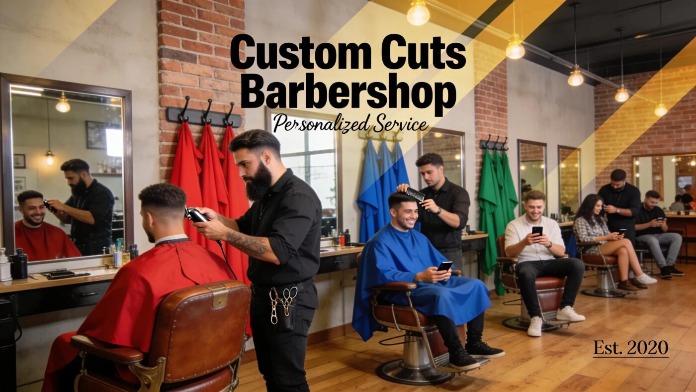 Custom barbershop capes in a lively barbershop setting showcasing community and branding