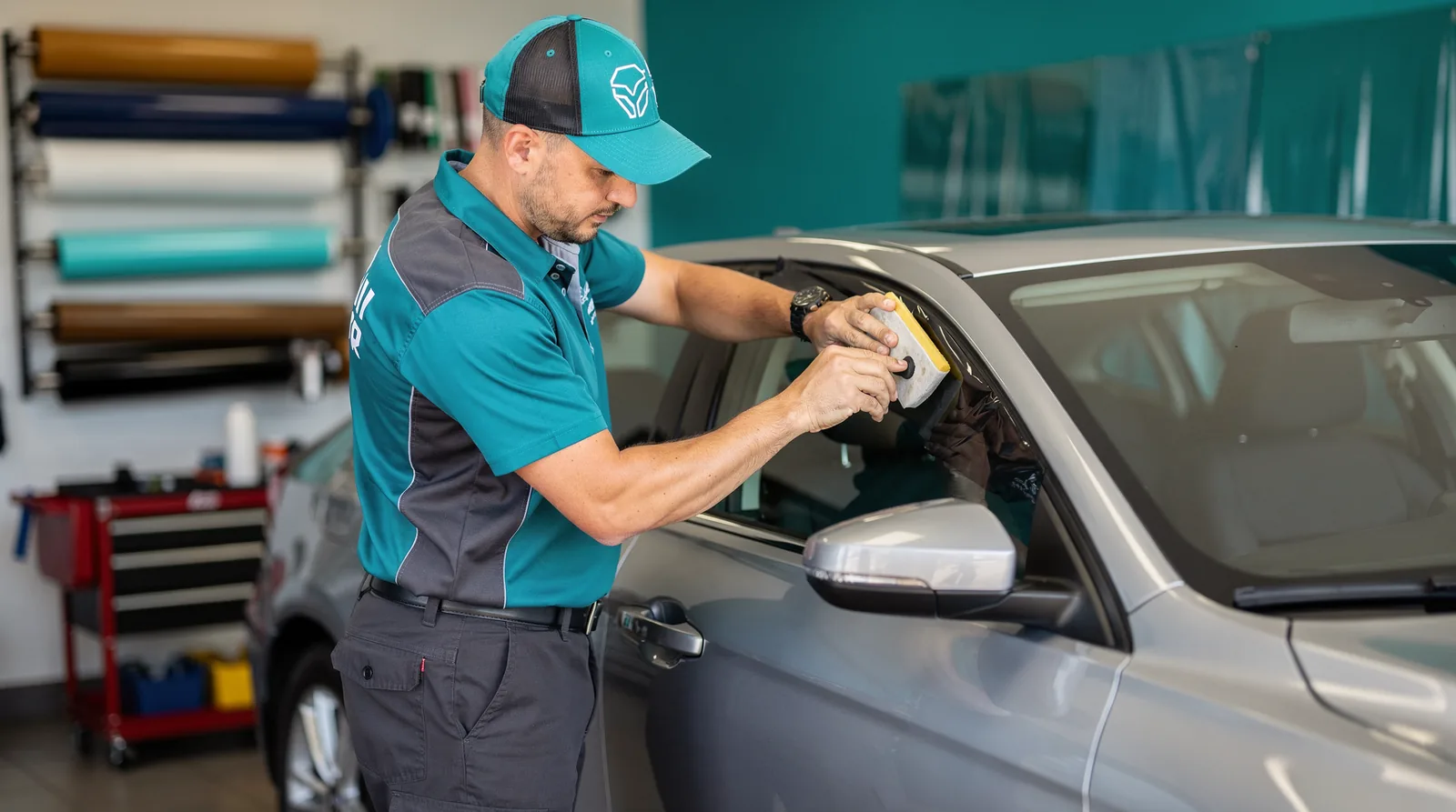 Matching apparel turns a tint shop's staff into a recognizable crew, not just a group