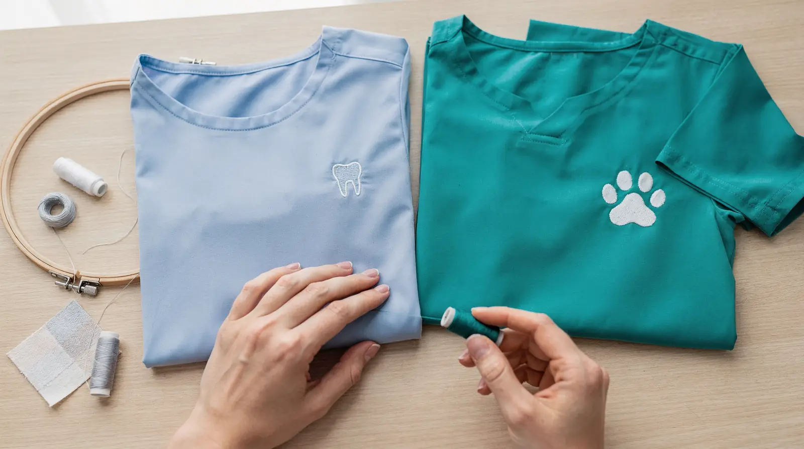 Practice teams across Naperville, Lisle, and Downers Grove typically choose between scrub top embroidery, polo