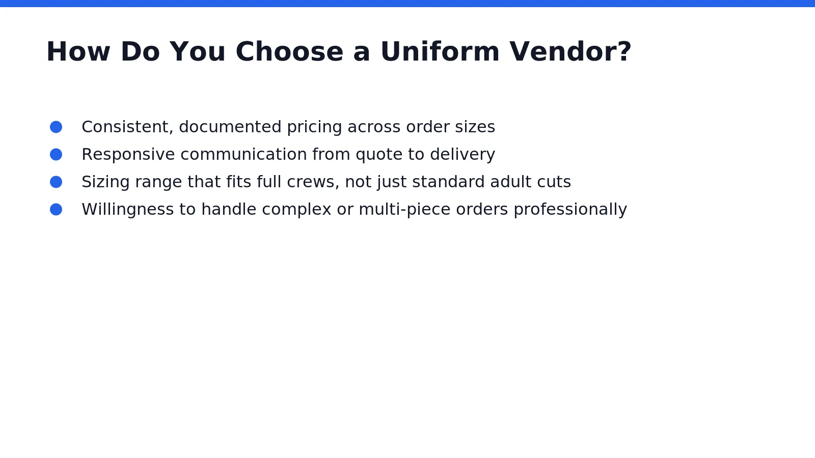 Selecting a uniform vendor requires evaluating three things: pricing transparency, communication quality, and order
