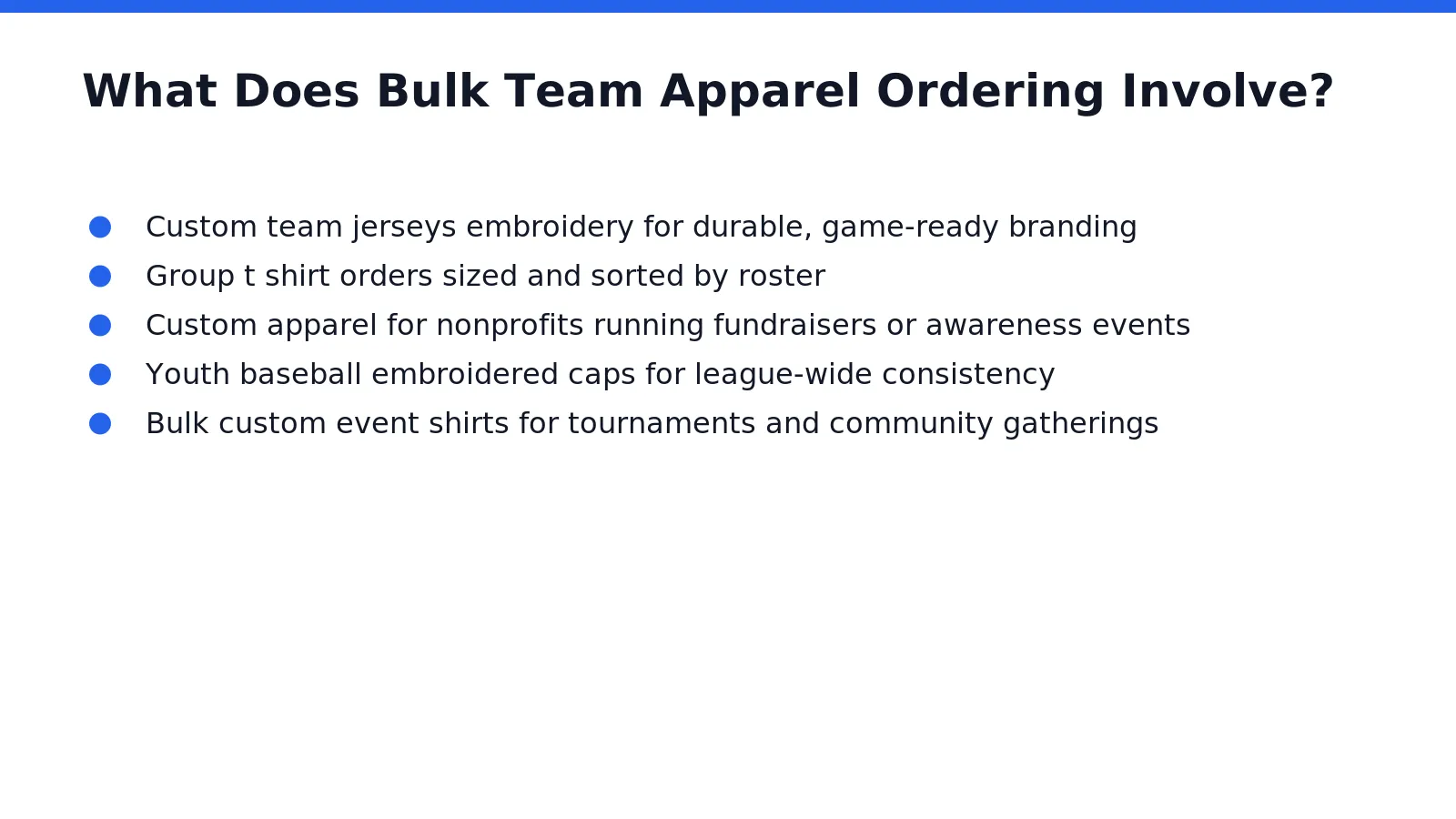 Bulk team apparel ordering means coordinating sizing, artwork, and production timelines across an entire roster